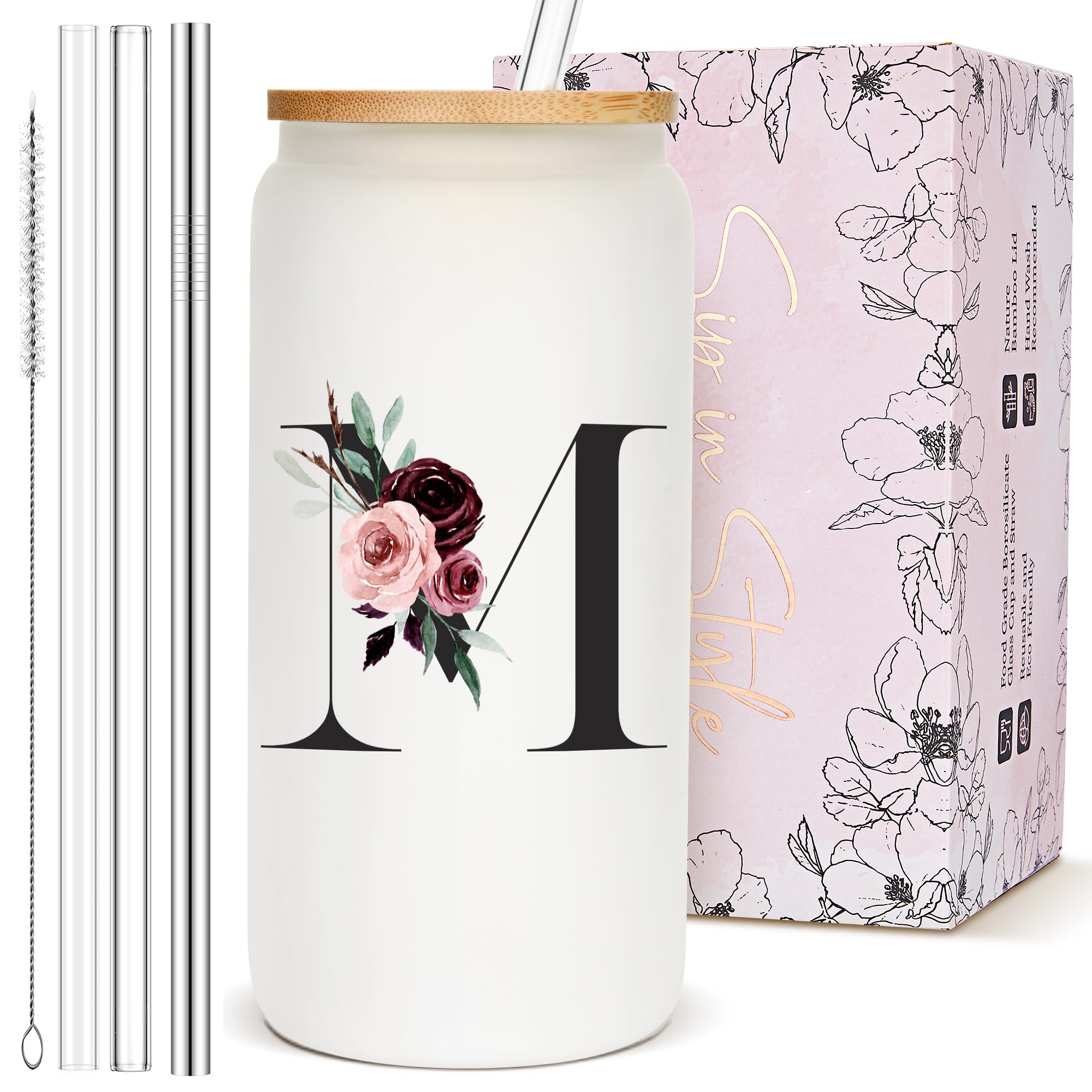 Birthday Gifts for Women, Personalized Customized Cute Glass Cups with Lids and Straws, Initial Drinking Iced Coffee Cup, Custom Letter Mug Tumbler, Monogrammed Gifts for Her Mom Woman Daughter, M