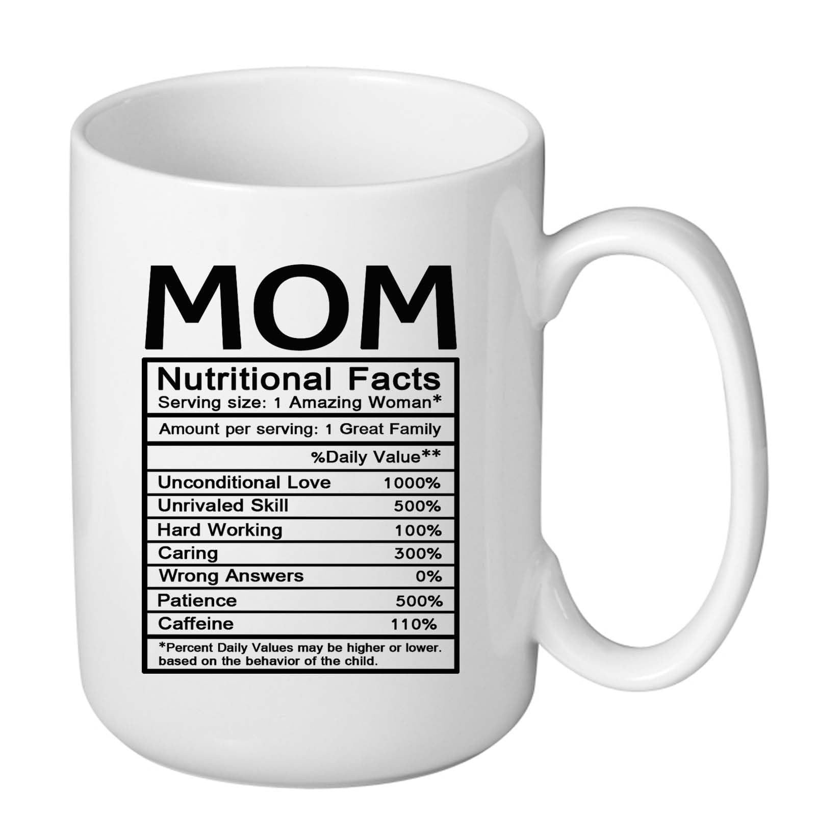 J.Ehonace 15 oz Funny Mom Coffee Mug - Custom Nutritional Facts Design - Perfect Valentine's Day, Birthday, or Mother's Day Gift for Mom - Ideal for Coffee, Tea, or Hot Chocolate Lovers