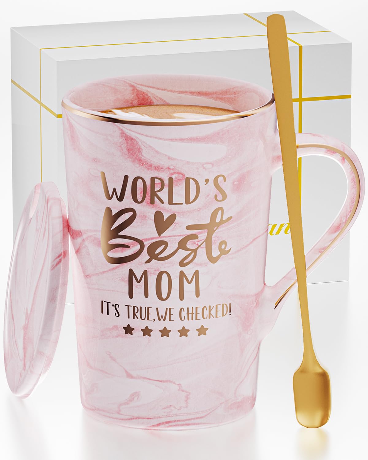 Mothers Day Mug Gifts for Mom from Daughter Son, Funny Ceramic Coffee Mug Birthday Gifts for Women Wife Grandma sister, 14 OZ Coffee Tea Cup with Lid for Christmas, Valentines
