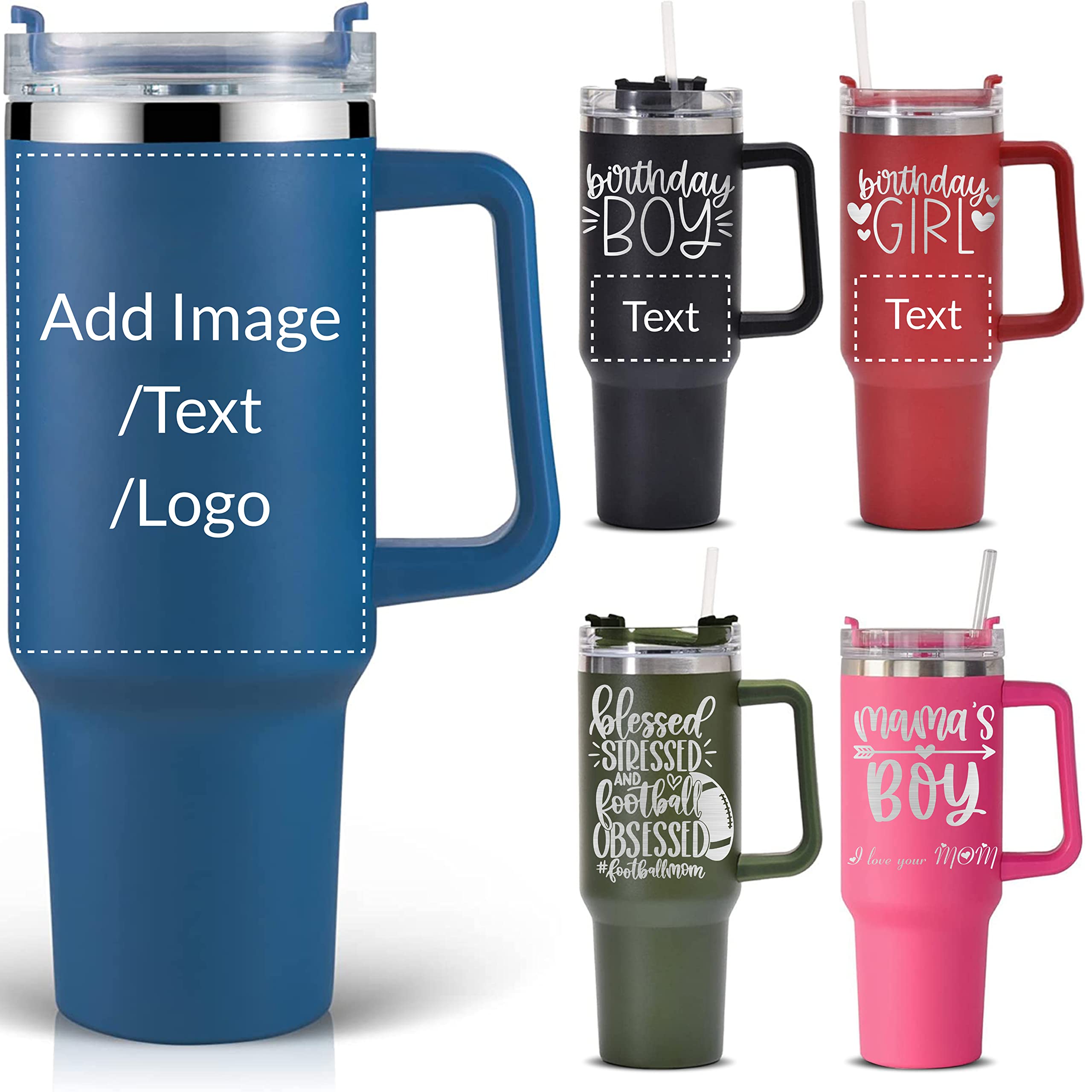 Personalized Tumbler With Handle-Custom 40oz Travel Cup With Lid And Straw-Laser Engraved With Name,Logo,Text,Image-Personalized Gifts For Mom,Dad,Birthday