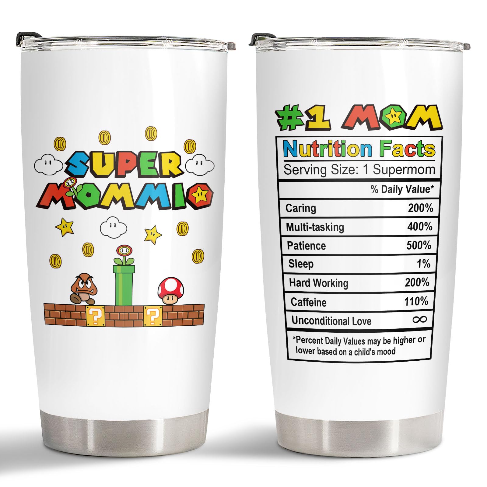 34HD Mothers Day Gifts for Mom Wife, Mommio Tumbler with Lid, 20 oz Vacuum Insulated Mommy Nutrition Facts Mug, Retro Game Mama Cup, Cool Gifts for Mom from Daughter Son Husband