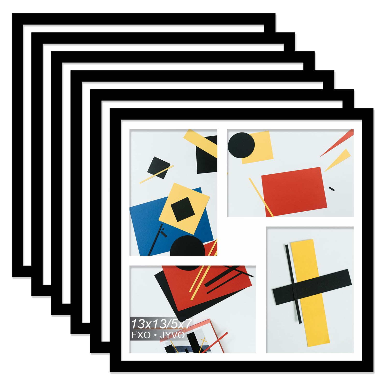 5x7 Picture Frame Collage Set of 6, Display 4 5x7 Picture Collage or 13x13 Photo Only Without Mat, Light Weight and High Transparent Frame for Wall - 6 Pack/Black/4-Openings