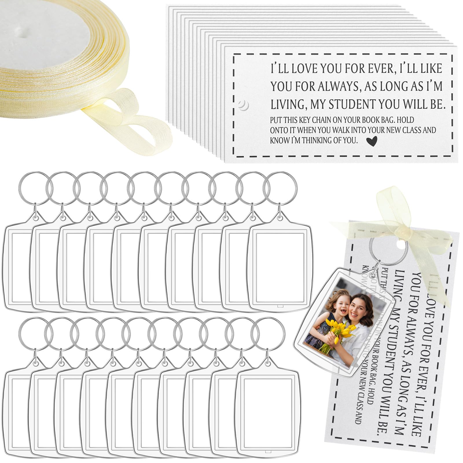 Tondiamo 30 Set End of School Year Gifts Clear Acrylic Photo Frame Keychain with Ribbon Mini Greeting Card Gift Set DIY Picture Insert Keychain Holder for Men Women Graduation Gifts
