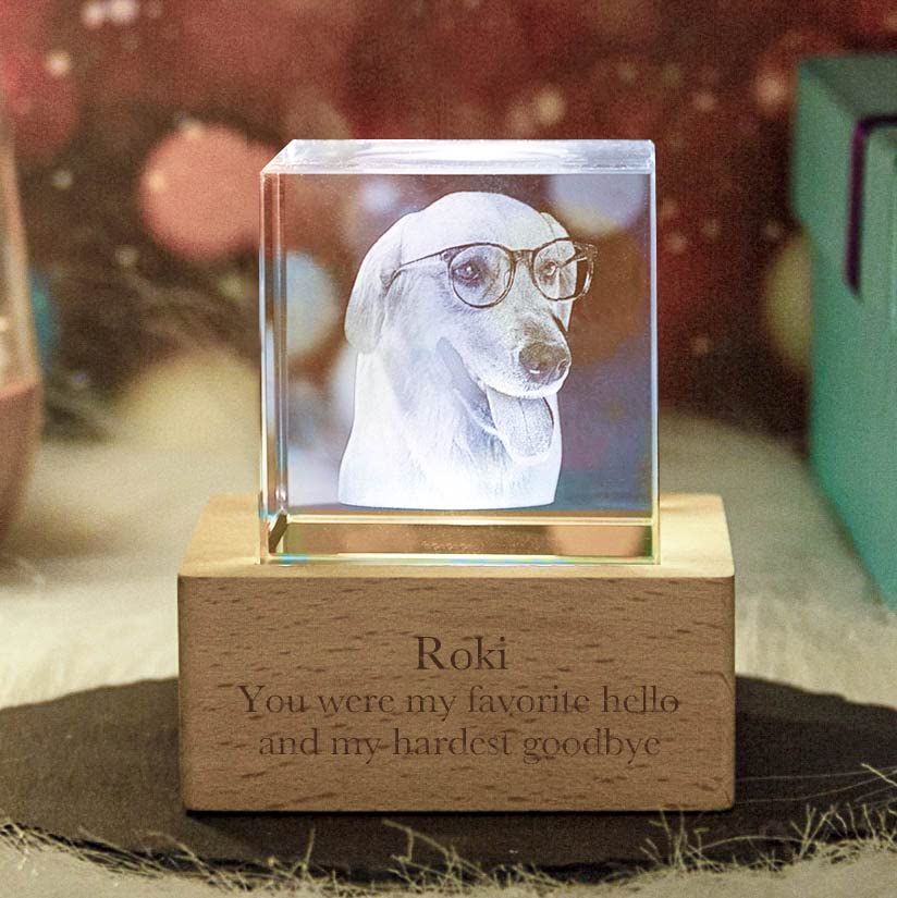 Cube 3D Crystal Photo Personalized with Light Custom Cute Pet Memorial Picture Frame Loss of Dog Sympathy Gift for Women Men