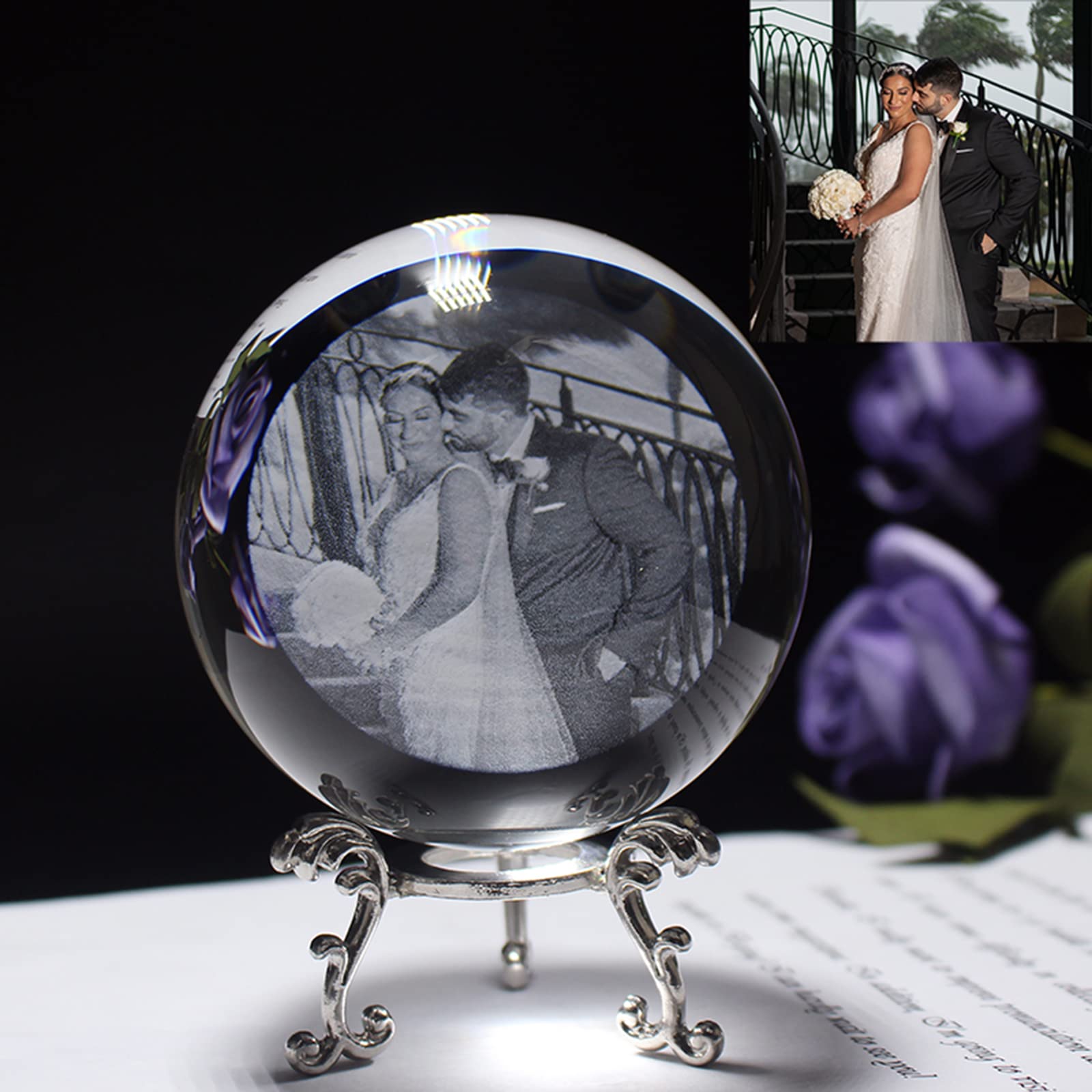Custom Laser Engraved 2D Photo Crystal,Personalized Crystal Photo Ball Custom Image,Customized Globe Home Decoration Ball (with Silver Base,8 cm)