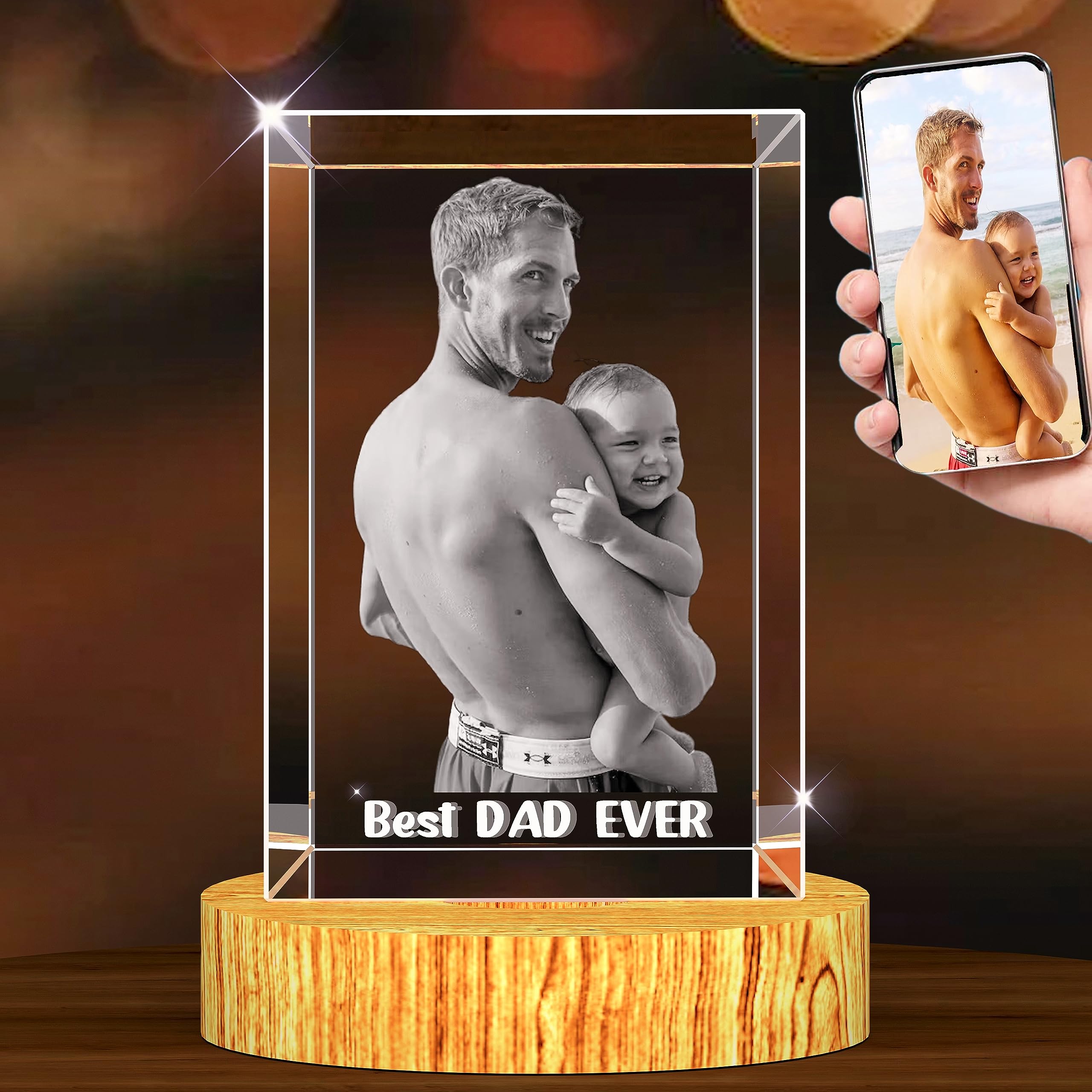 3D Crystal Photo Personalized 3D Engraved Photo Crystal 3D Picture in Crystal with Light Base Custom Rectangle Crystal Gifts with Photo for Mom Dad Christmas Anniversary