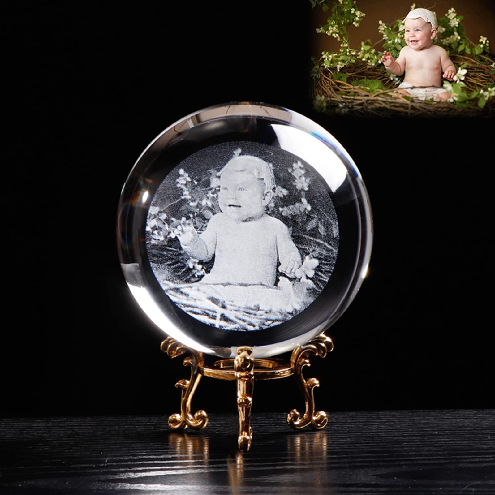 Custom Glass Photo Ball,2D Laser Engraved Crystal Photo Ball with Base,Custom Crystal Photo,Customized Gifts for Him Her Birthday (with Gold Base,8 cm)
