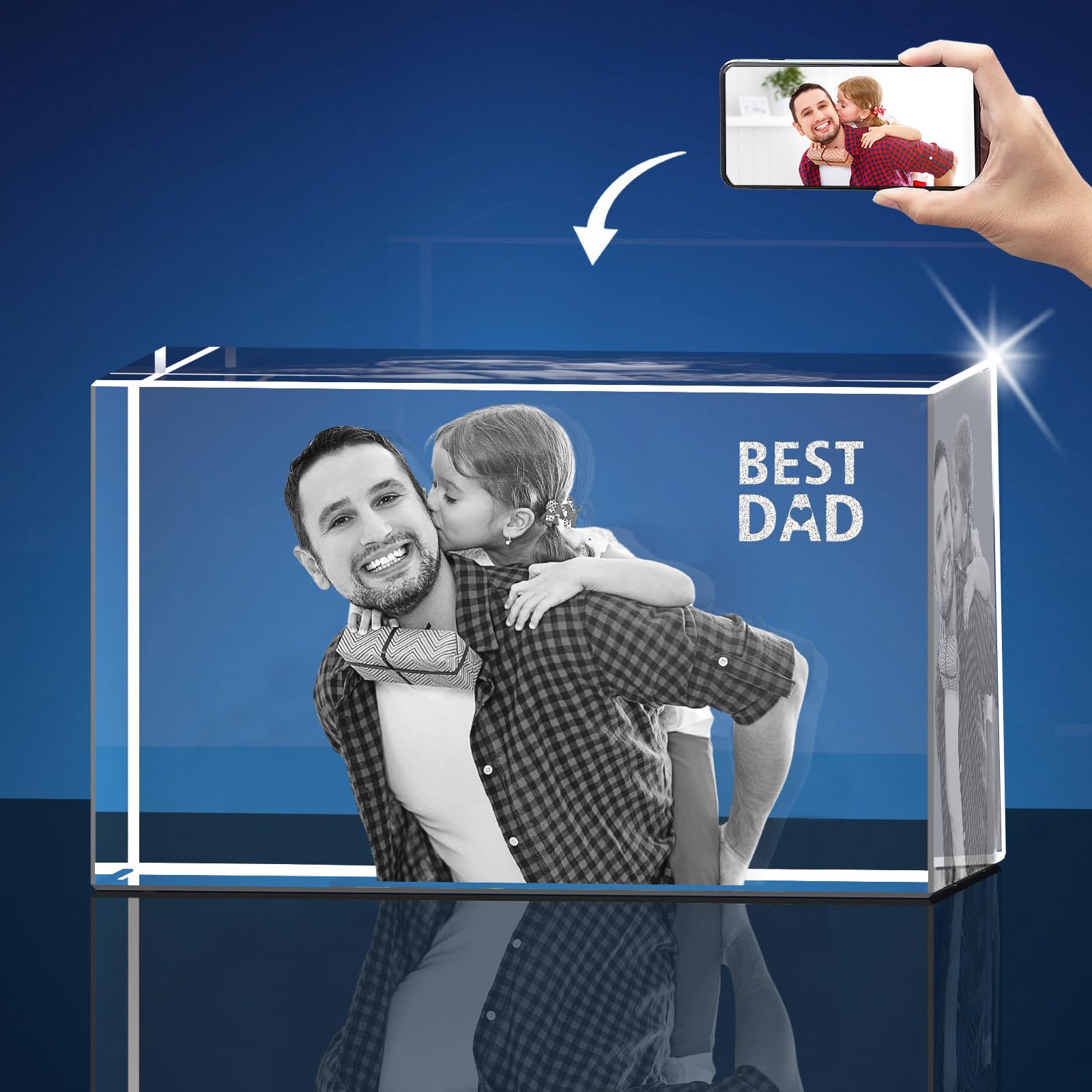 KEEPASSION Personalized 3D Engraved Crystal Photo, Custom 3D Photo Crystal, Laser Photo Etched Engraved Inside Crystal with Picture Photograph, Gifts for Fathers Day, 3D Glass Picture Cube Gift Idea