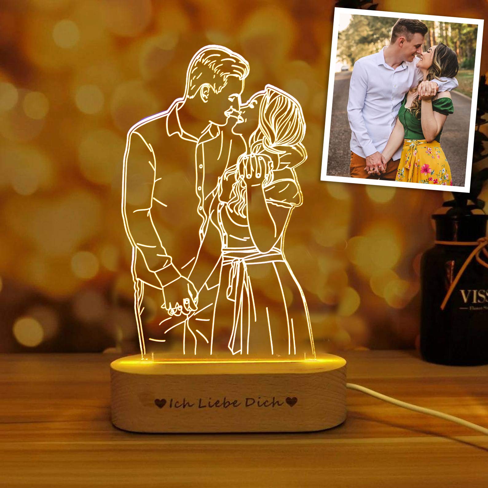 Romantic Custom 3D Photo Lamp Glass Night Light Handmade Drawing Minimalist Line Art Picture Engraving Illusion Light Up Sign Plaque with Wood Stand, Anniversary Valentines Birthday Gift