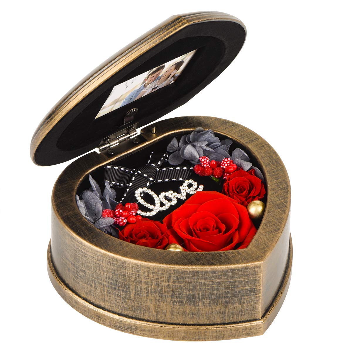 Handmade Preserved Flowers 3 Real Red Rose in Musical Box with Photo Frame, Long Lasting Fresh Flower Gifts for Wife Her Girlfriend on Mothers Day Valentine's Day Anniversary Birthday Red
