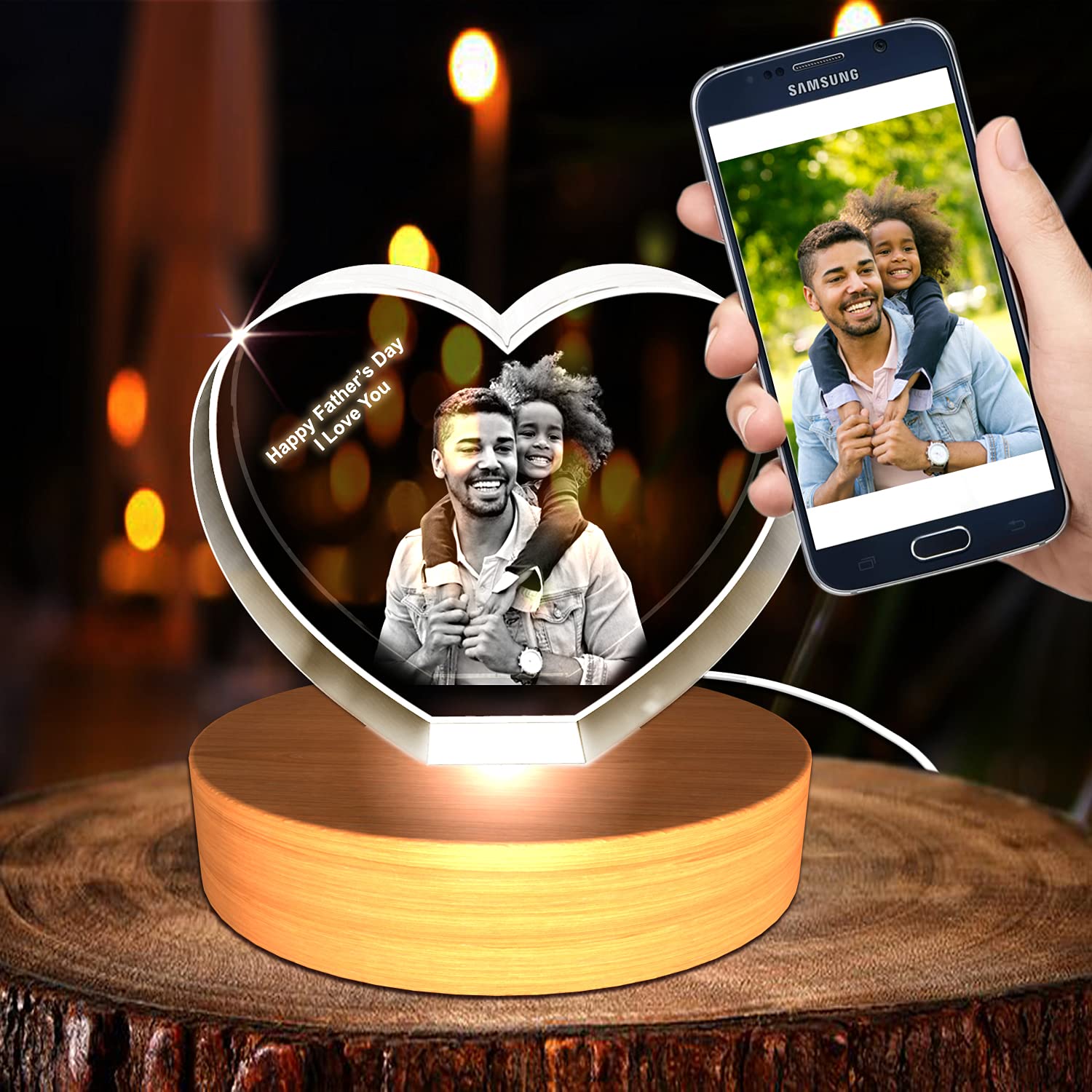 Personalized Father's Day 3D Engraved Crystal Photo Gift (Large Heart)