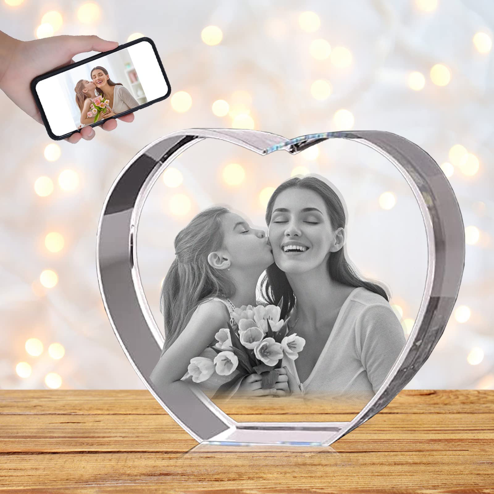 Arokimi 3D Crystal Photo Laser Engraved Pictures Personalized Heart Shaped Crystal with Your Own Photo Gift for Family Friends and Lovers (Medium)