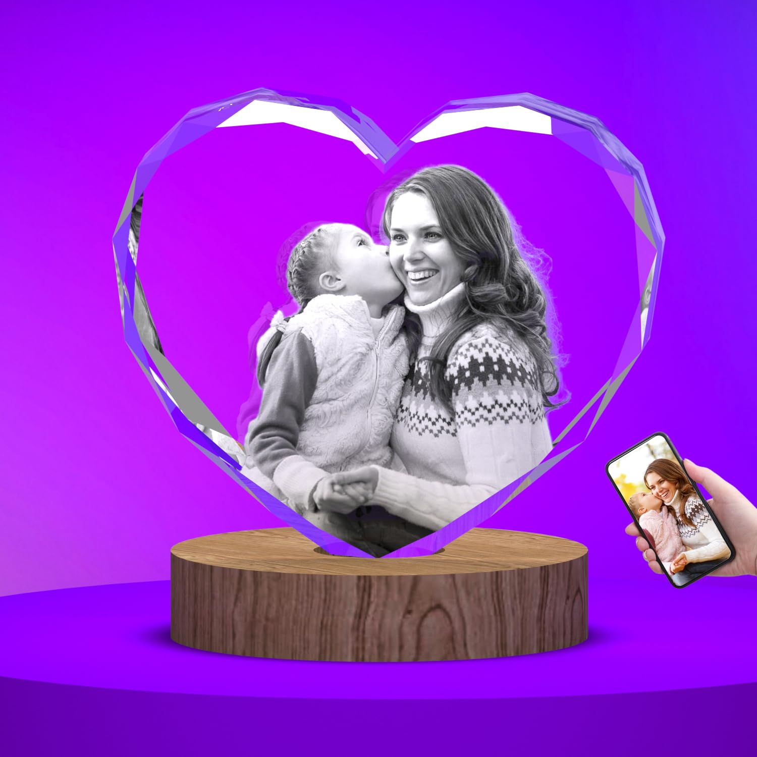 3D Crystal Photo, Personalized Valentines Day Gifts Idea for Women, Custom Photo Gifts for Her, Him, Mom, Dad, Mother's Day, Laser Etched Glass Pictures, Anniversary Couples Girlfriend Gifts （Medium）