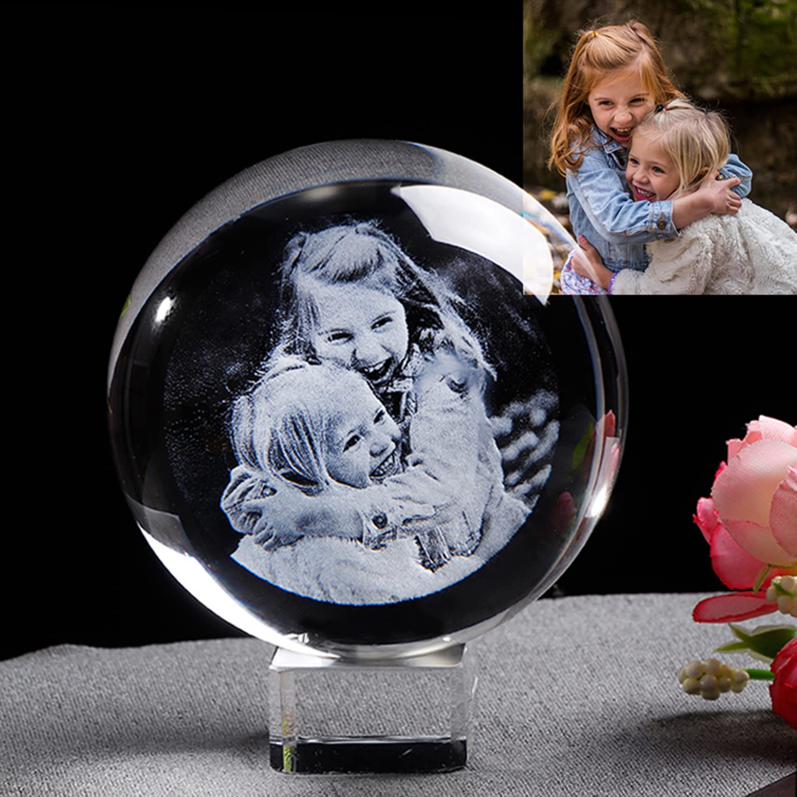 Glass Photo Ball Personalized Crystal Sphere Lase Engraving Customized Globe Home Decor Accessories Baby Photo Glass Sphere (with Crystal Base,8 cm)