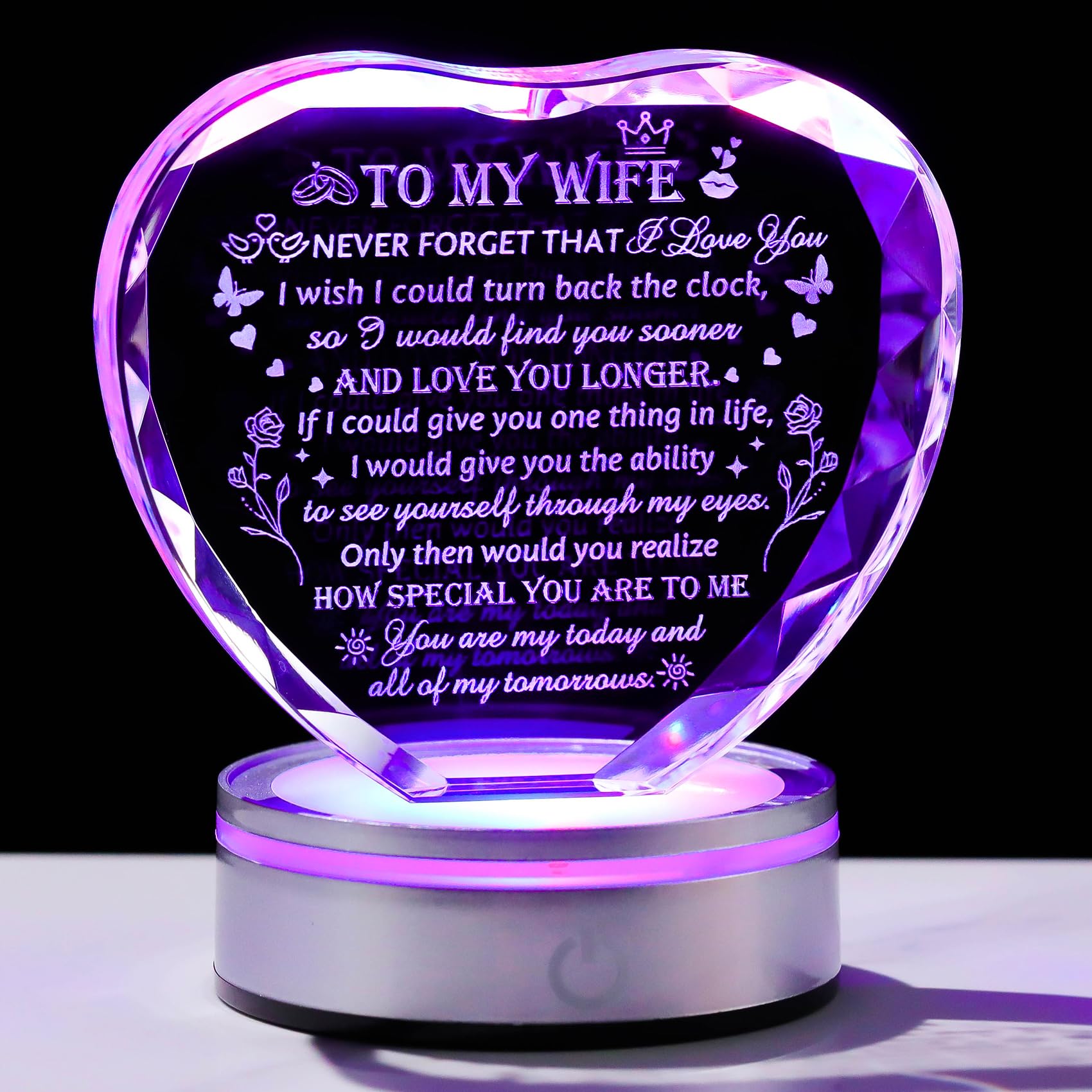 Gifts for Wife - Crystal Keepsakes Wife Gifts from Husband with Colorful LED Base Best Christmas Birthday Gifts for Wife Romantic Anniversary Wedding Gifts to My Wife Valentine Mother's Day Gift Ideas
