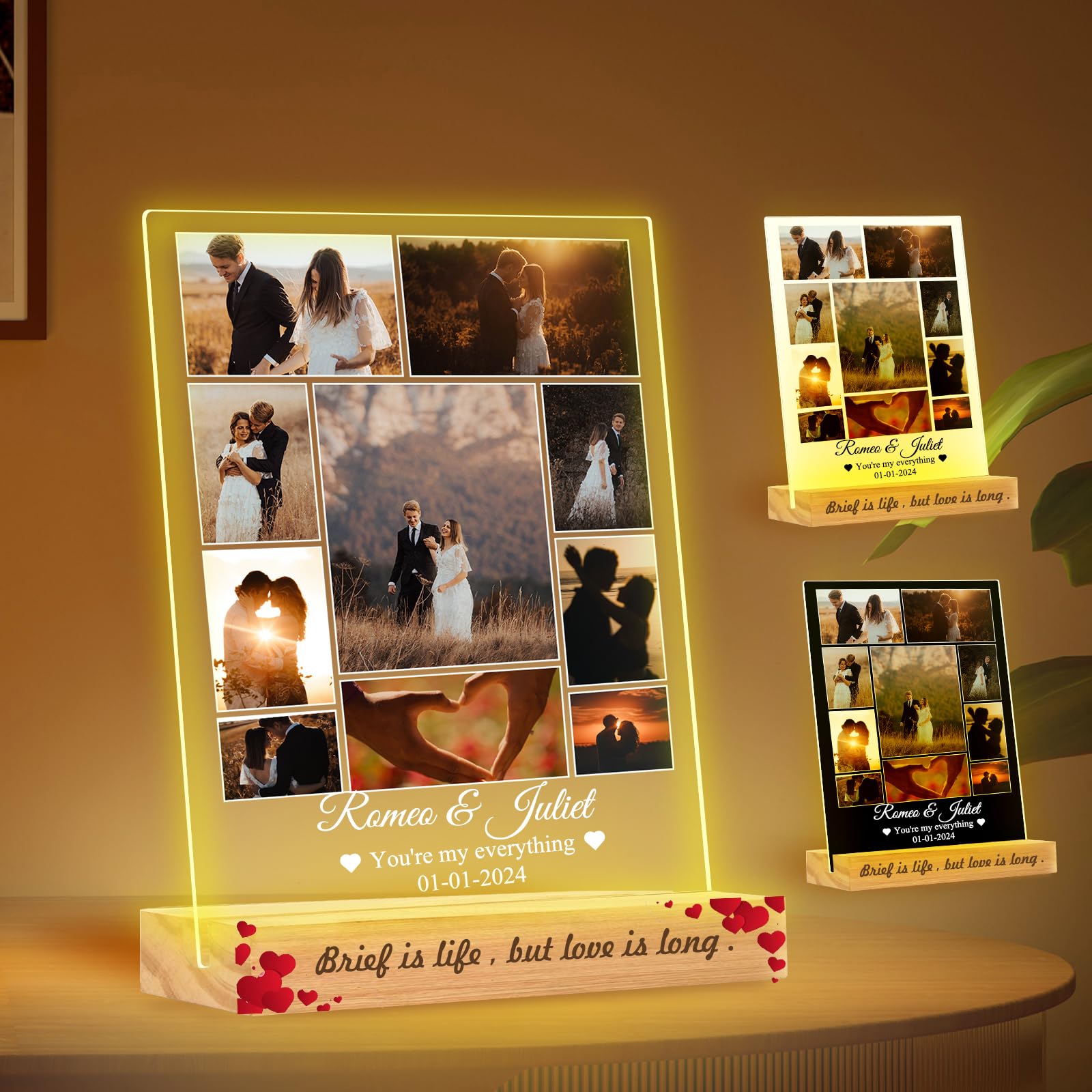 Personalized Acrylic Plaque Printed with Photos, Custom Wood Picture Frame with LED, Birthday Gift for Husband Wife, Personalized Valentines Gifts for Boyfriend Girlfriend (5 Size: 6"-16")