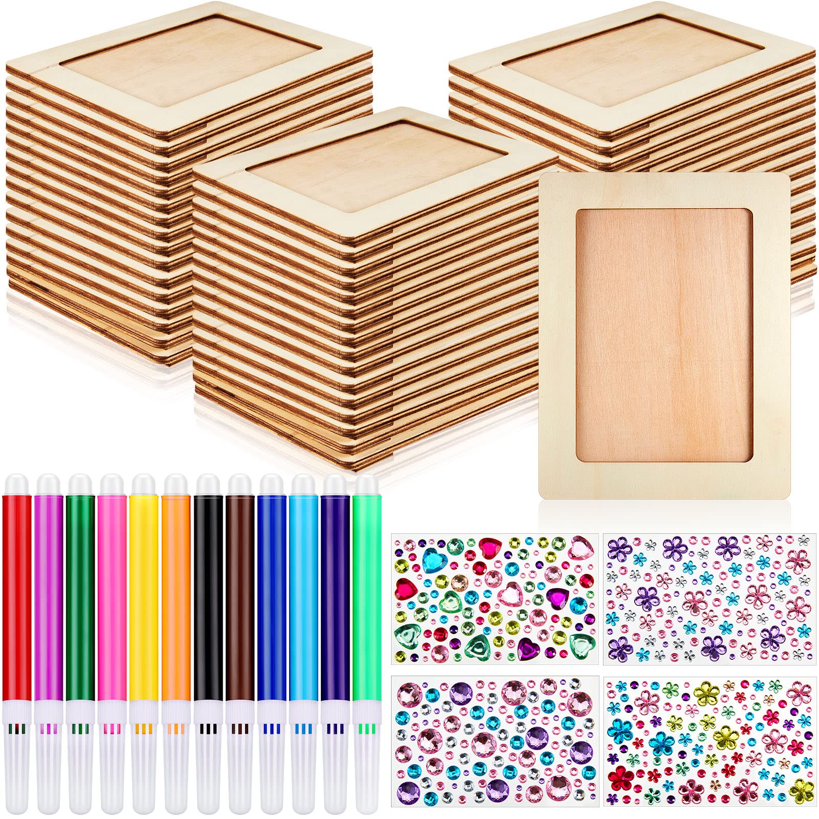 16 Pieces Unfinished Wooden Picture Frame Craft Kit - 7.9” x 5.9” DIY Painting Set Includes 12 Color Pens, 4 Sheets of Crystal Diamond Stickers for Photo Frame Decoration and Custom Art Projects