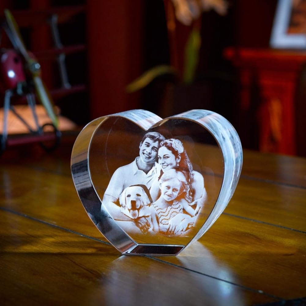 jfs Personalized Heart Shaped Crystal Photo Frame, 9x7x3.5cm, Transparent, Floral Pattern, 2D/3D Crystal Engraved