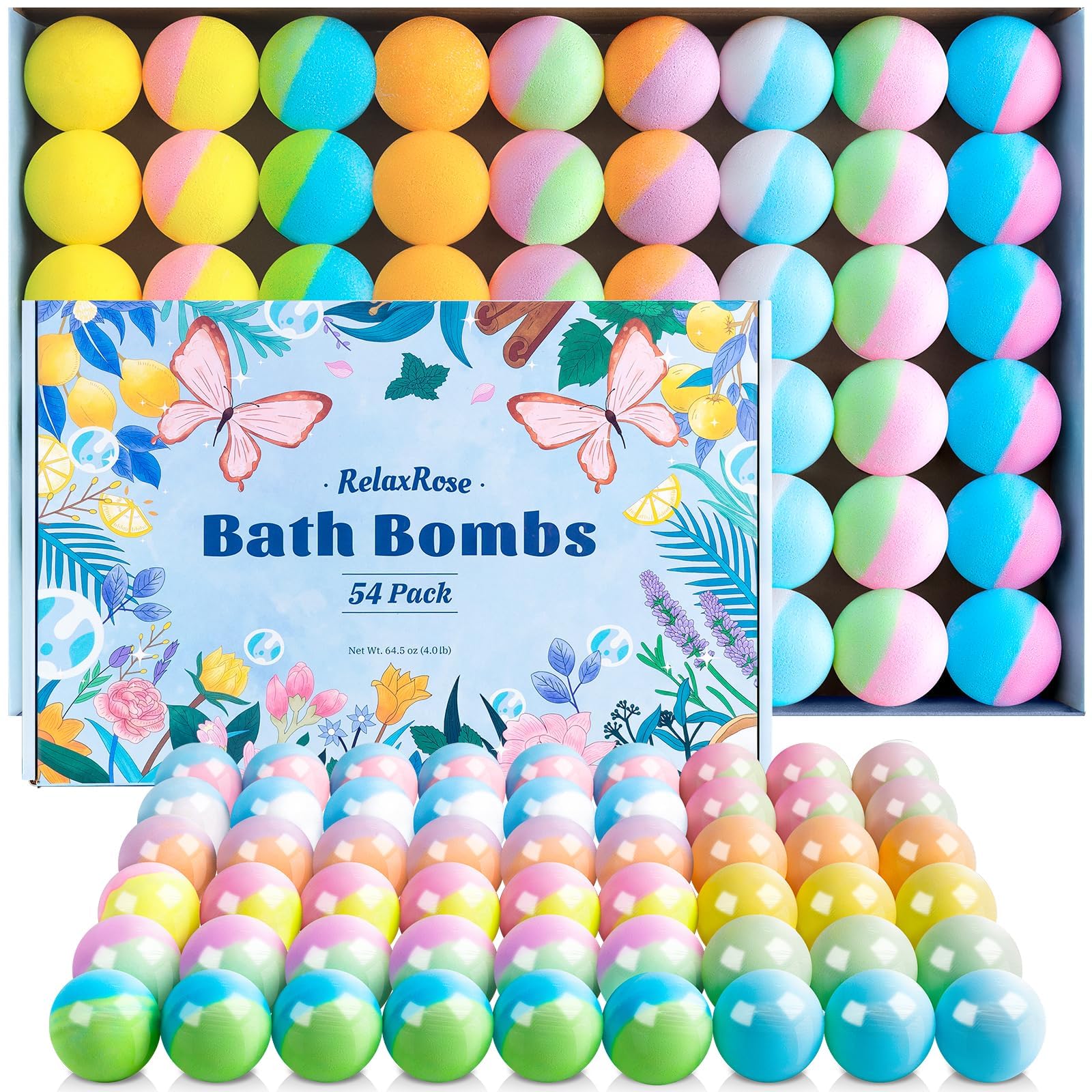54 Pack Handmade Bath Bombs with 11 Vibrant Colors and 9 Unique Scents, Long-Lasting Fizzy Bubbles & Colorful Magic, 7-Minute Dissolve for Relaxation, Perfect Bubble Bombs Gift for Valentine's Day