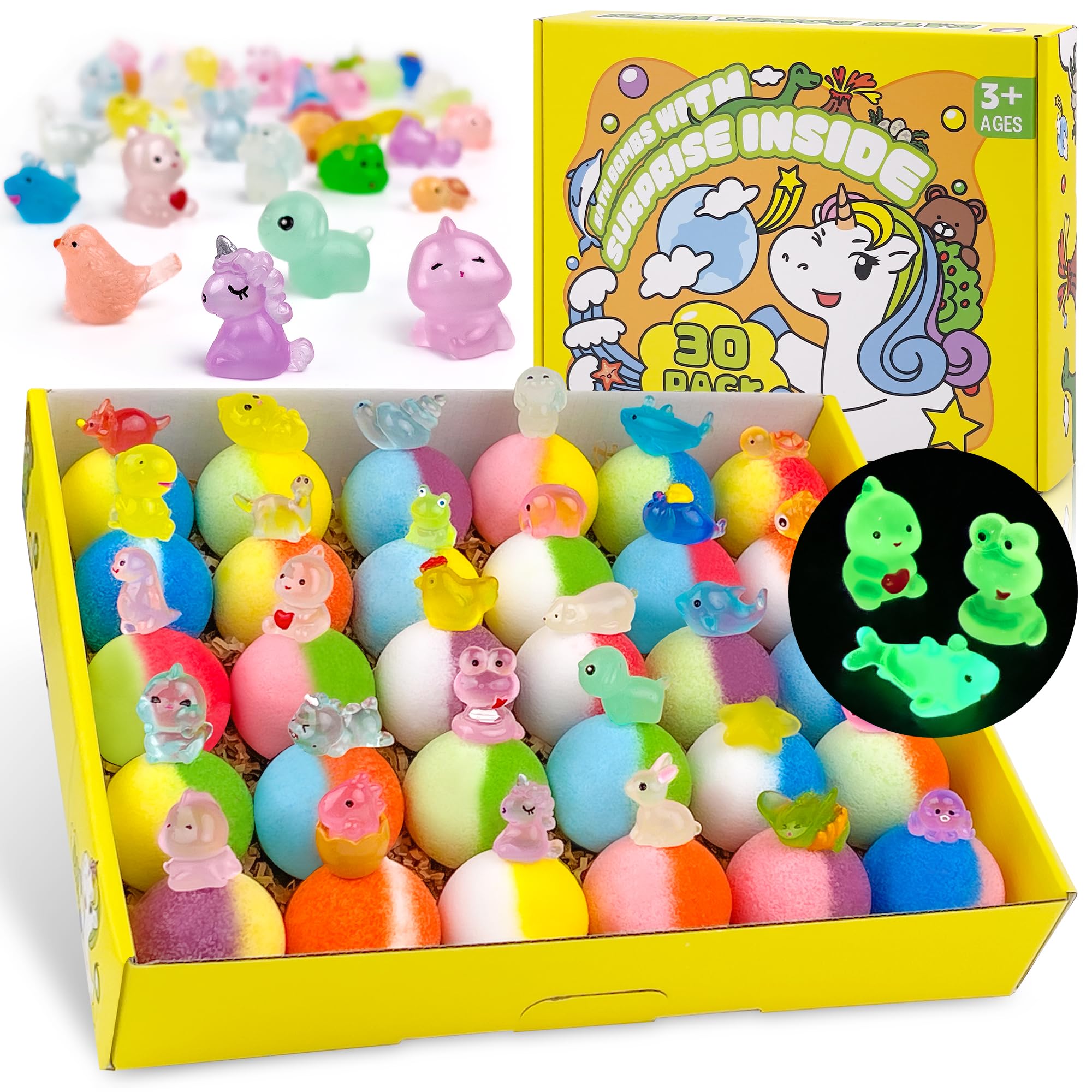 Easter Bath Bombs for Kids with Toy Inside, 30 PCS Natrual and Organic Bubble Bath Bombs with Glow-in-The-Dark Surprise Inside, Perfect Handmade Birthday for Boys and Girls.