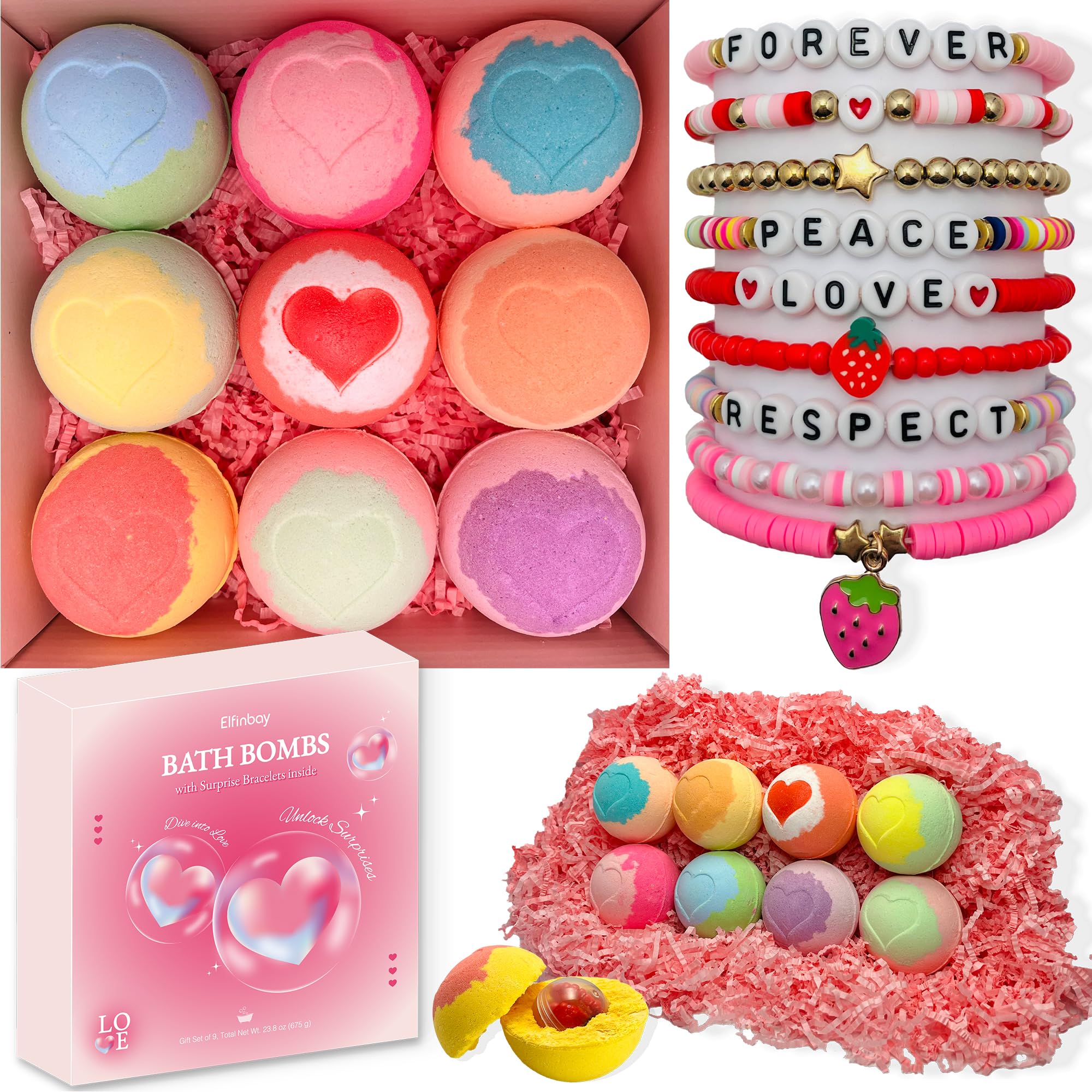 Bath Bombs for Kids with Surprise inside, 9 Heart Imprint Kids Bath Bombs for Girls, Toddler Bath Bombs with Bracelets inside, 3 4 5 6 7 8 Year Old Girl Birthday Gifts Christmas Stocking Stuffers Kids