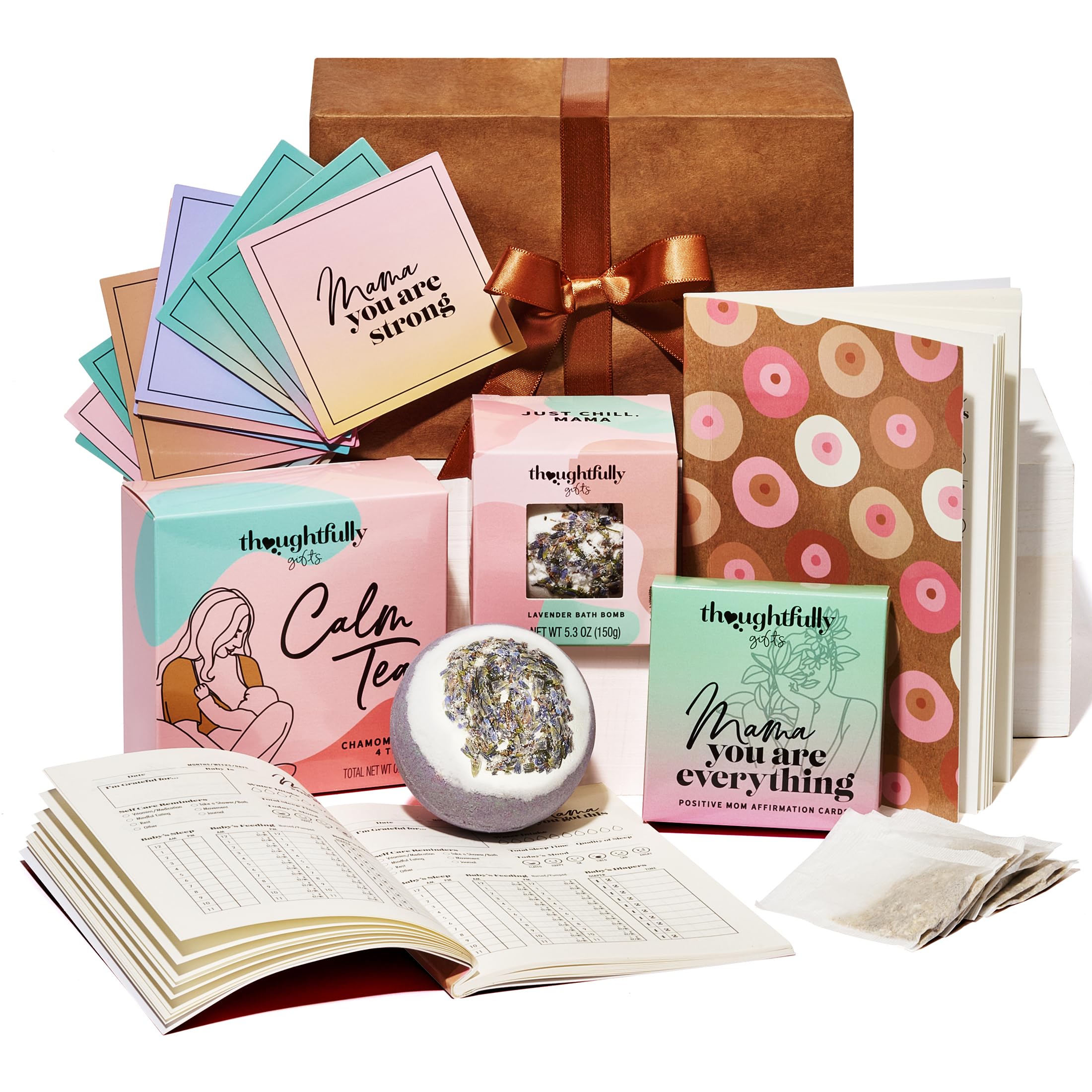 Thoughtfully Gifts, New Mom Gift Set, Includes Lavender Bath Bomb, 4 Chamomile Tea Bags, New Mom Affirmation Cards, and Daily Tracker Notepad - Postpartum Gifts