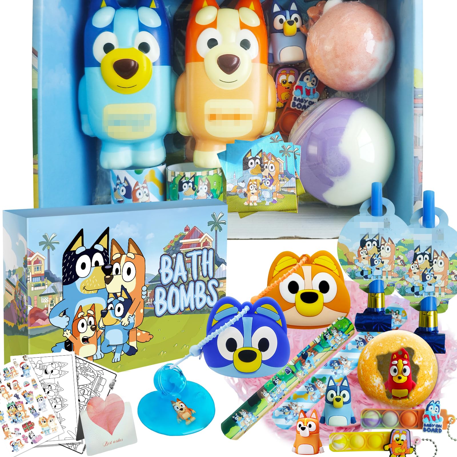 Birthday Gifts Set for Kids: Bath Bombs with Surprise Toy Inside, Bath Slime, Fidget Squishy Toys, Pop Fidget Toys, Silicone Coin Purse, Slap Bracelets, Pencil Sharpener, Blue Heeler Gift Set for Kids