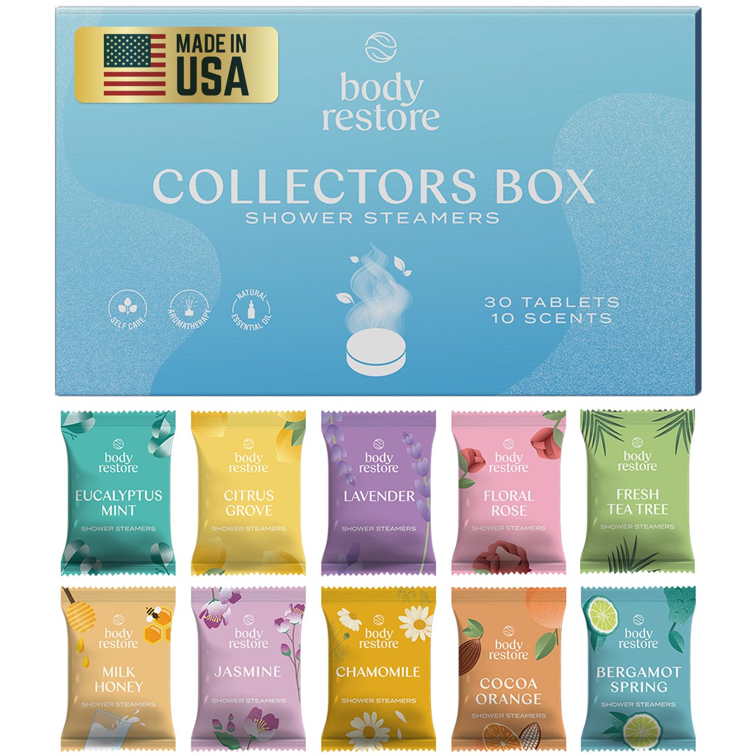 Body Restore Shower Steamers Aromatherapy 30 Pack - Mothers Day Gifts for Mom, Grandma, Birthday Gift for Dad, Daughter, Best Friend, Travel Essentials, Stress Relief, Self Care - Collector’s Box