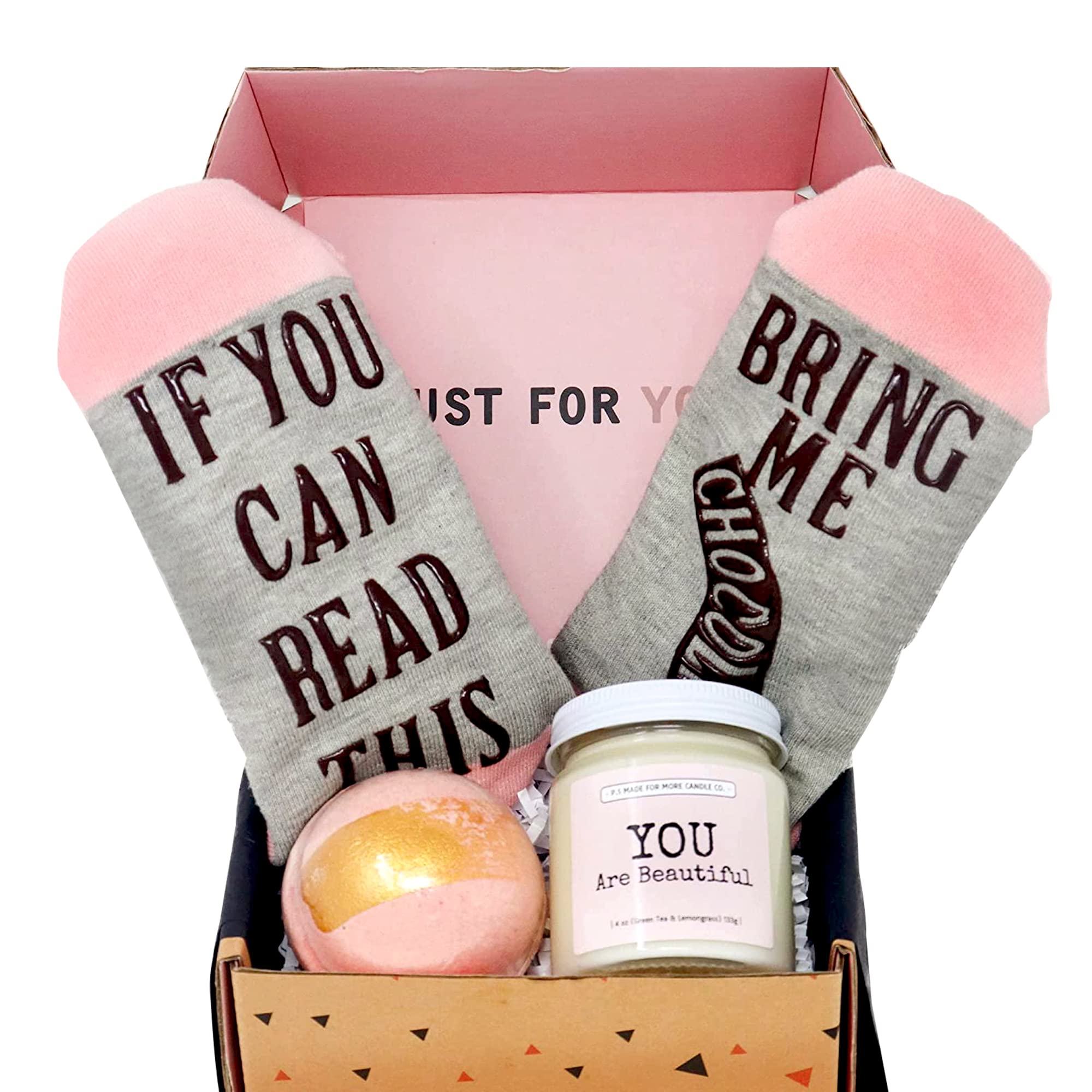 Birthday Mother's Day Women Gift Basket Box for Her- Pack of 3 Fun Unique Gifts with Soy Candle, Bath Bomb, Funny Socks, Mother's Day Gift Sets for Women