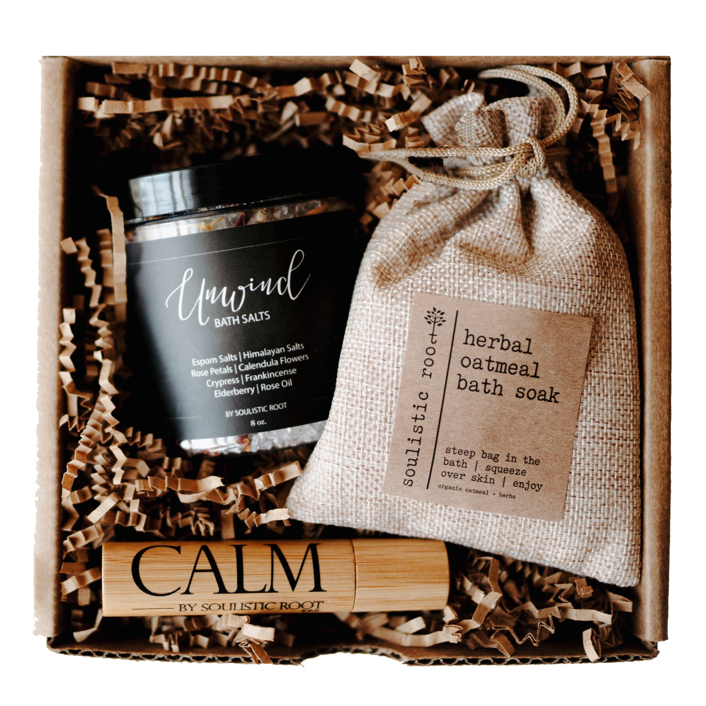 Relaxing Bath Gift Set, Luxury Spa Gifts for Women, Self Care Products for Women and Men, Calm Essential Oil Roller, Oatmeal Lavender Bath Soak & Epsom Salts with Essential Oils