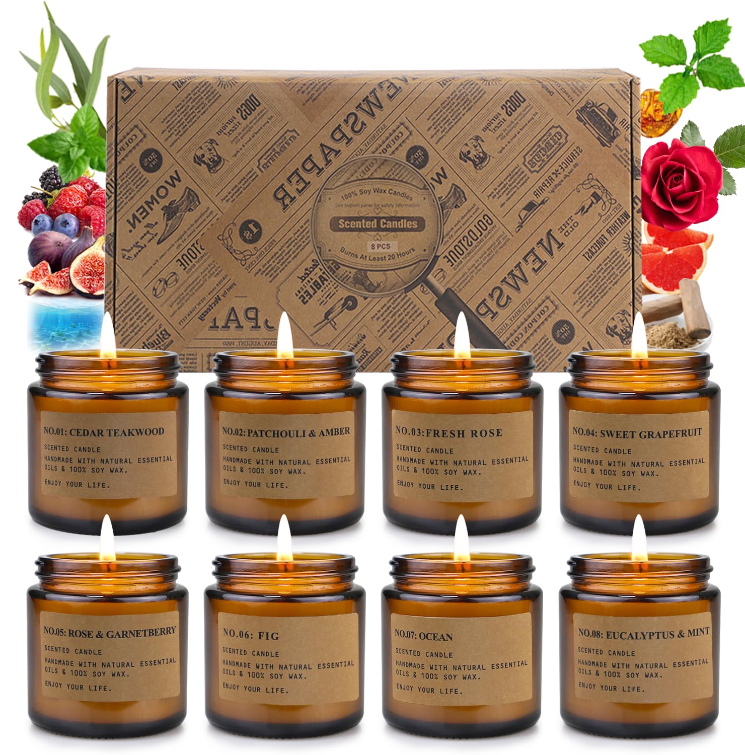 8 Pack Candles for Home Scented, Aromatherapy Jar Candle Gifts for Women, Natural Soy Wax Amber Candle Set, Scented Candles Set for Birthday Valentine Mother's Christmas Day Present