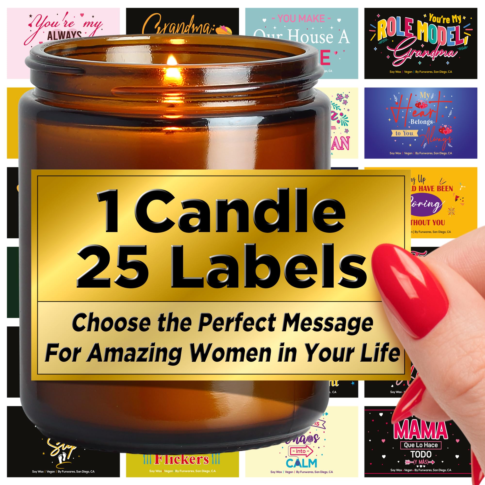 for The Woman Who Inspires Us – Vanilla-Scented Aromatherapy Candle – 25 Giftable Labels Included, Choose One to Personalize Your Gifting for Anyone. A Ready-to-Gift Candle! Amazing Woman Collection
