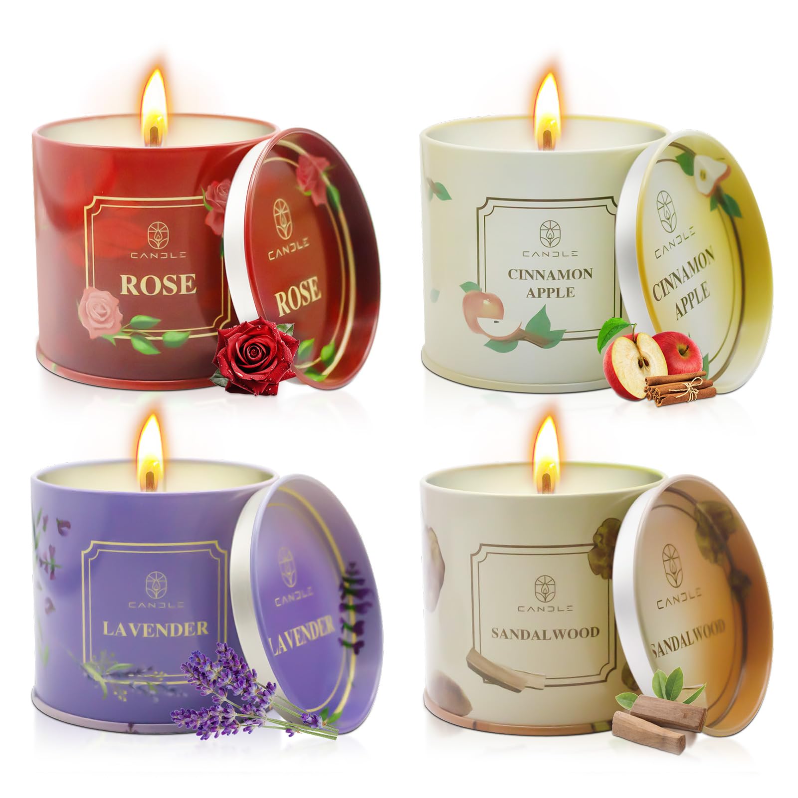 Scented Candles Gift for Women,4 Pack Natural Soy Wax Candle Long Lasting Rose Lavender Sandalwood Apple Fragrance Candles Gift for Mothers Day, Birthday, Thanksgiving Day, Christmas, Valentines Day