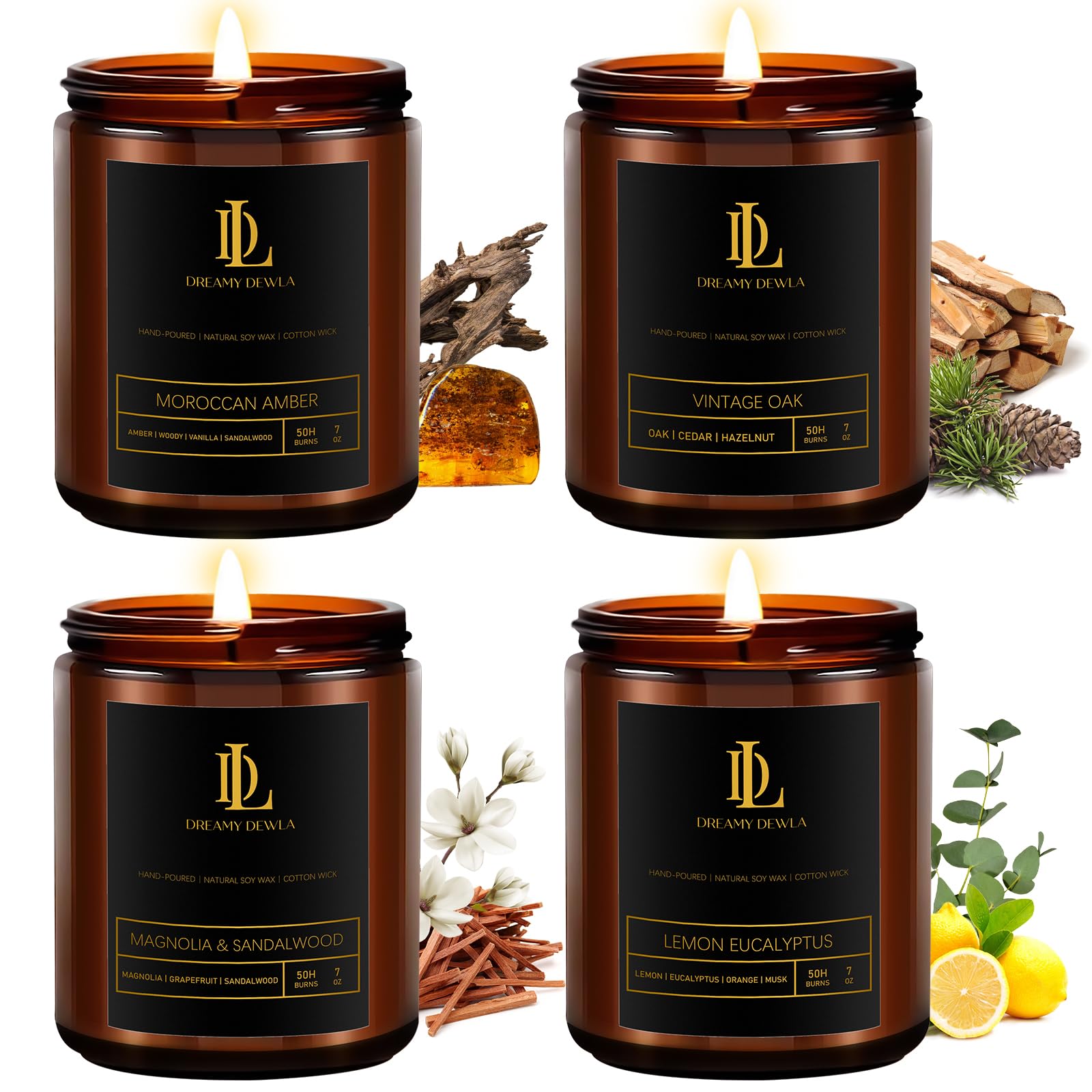 Scented Candles Set, Men Scented Candle for Home, 4 Pack Candles Gifts for Men Women, Soy Candle Scents of Vintage Oak/Magnolia & Sandalwood/Moroccan Amber/Lemon Eucalyptus