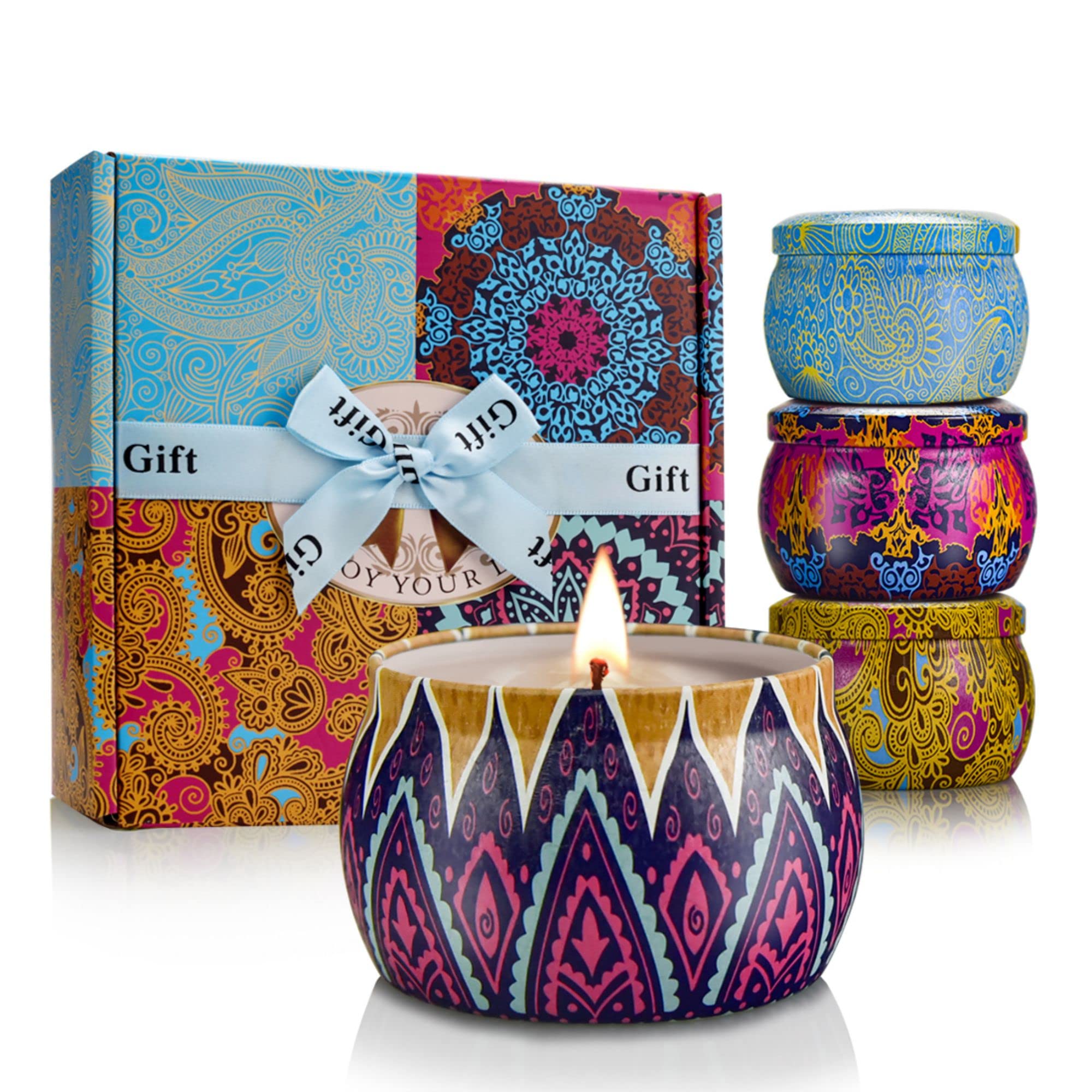 Scented Candles Gifts Set, 4 Pack Aromatherapy Candles for Home Scented, Stress Relief Gifts for Women, 120 H Lasting Burn Natural Soy Wax Candle for Birthday Valentine Mother's Christmas Day