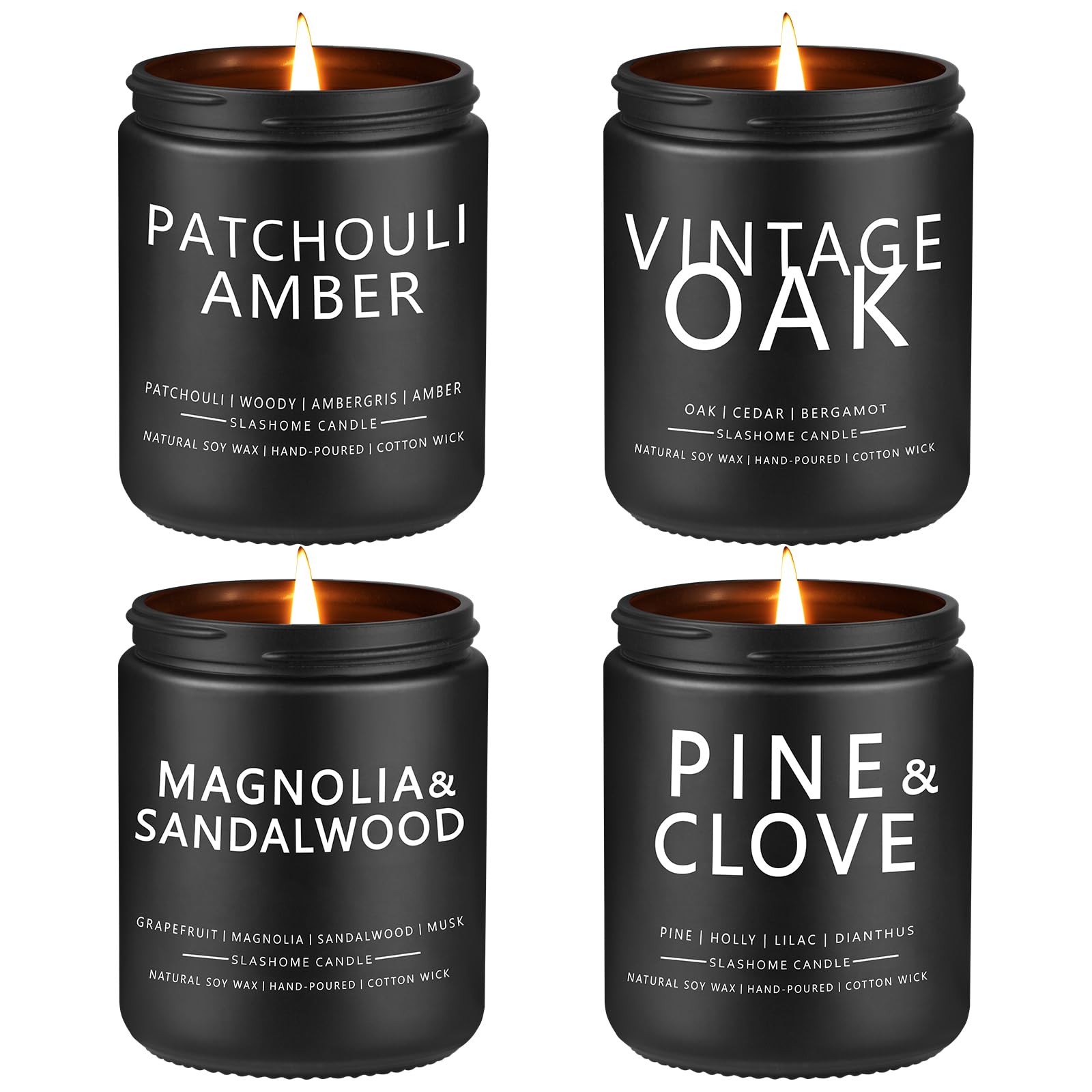 slashome Scented Candles for Men - 4 Pack Scented Candles Gifts for Men, Dad, Boyfriend - 50 Hours Long Burning Soy Candles for Home Scented (Pine/Sandalwood/Patchouli/Oak)