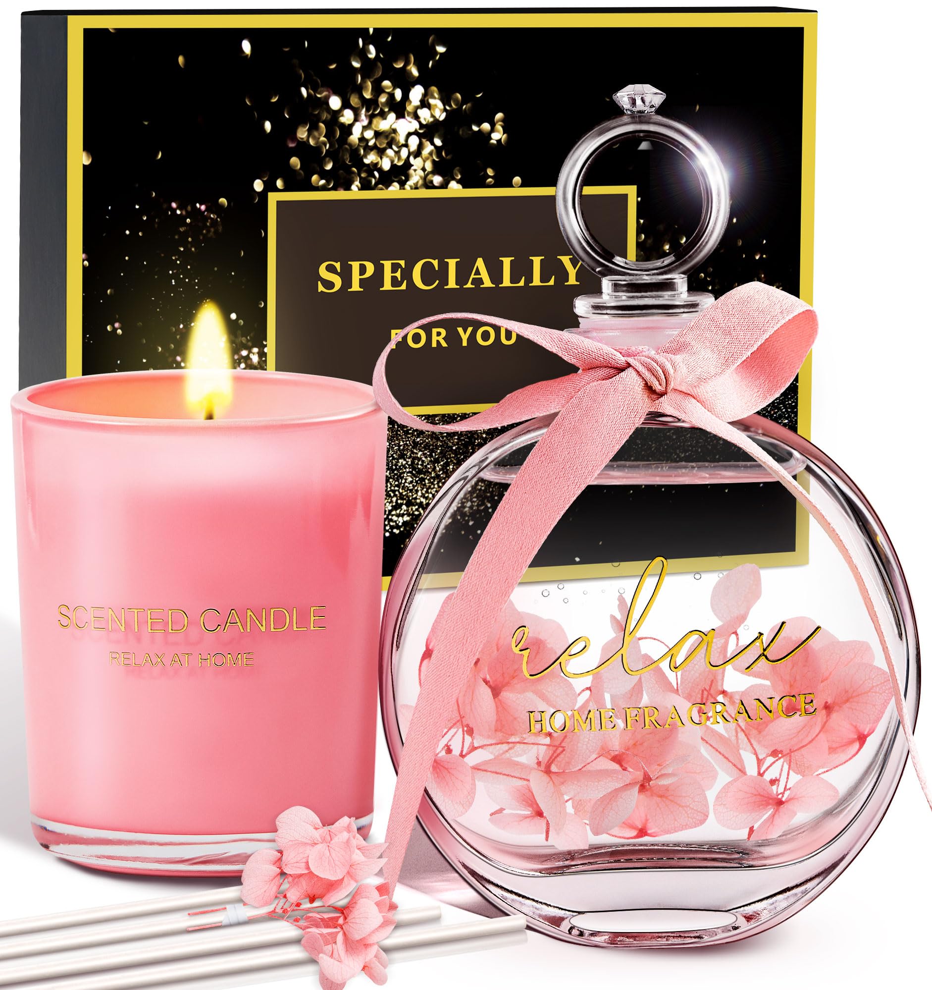 Birthday Gifts for Women, Mothers Day Gifts for Mom Daughter, Valentines Gift for Wife Girlfriend, Christmas Stocking Stuffers, Rose Candle Reed Diffuser Gift Set for Her