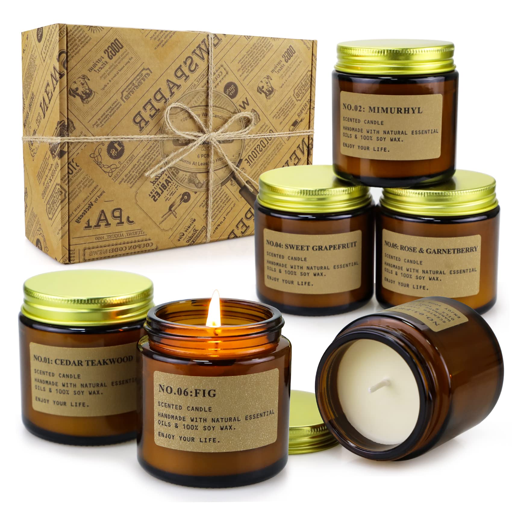 6 Pack Candles for Home Scented, Aromatherapy Candles Gifts for Women, Natural Soy Wax Long Lasting Amber Jar Candles Set for Men, Gifts for Birthday, Valentine's, Mother's, Anniversary, Christmas