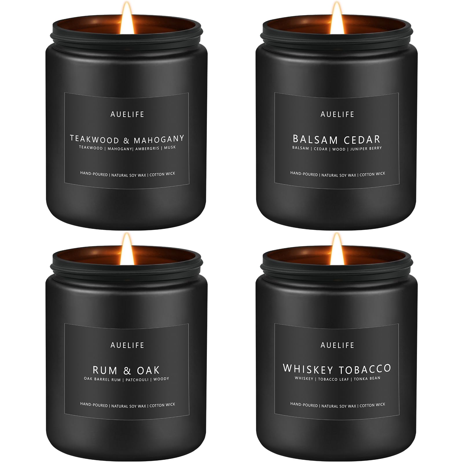 Scented Candles Set | Candle Gifts for Men - Masculine Candle, Soy Candles for Home Scented - 4 Pack Aromatherapy Gifts - Scents of Teakwood & Mahogany/Whiskey Tobacco/Rum & Oak/Cedar