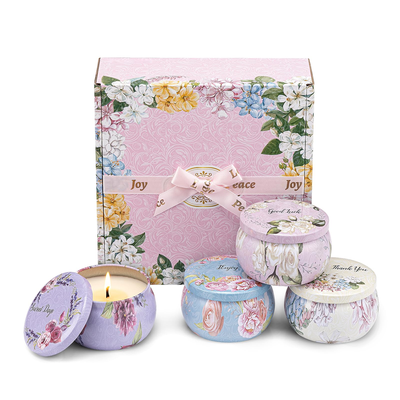 Floral Scented Candles Set Gifts for Women Christian Friend, Birthday Gifts, 4 Pack, 4.4oz Long Lasting Jar Candle Set for Yoga, Spa, Bath, Home Decor Candle, Portable Aromatherapy Candles for Travel