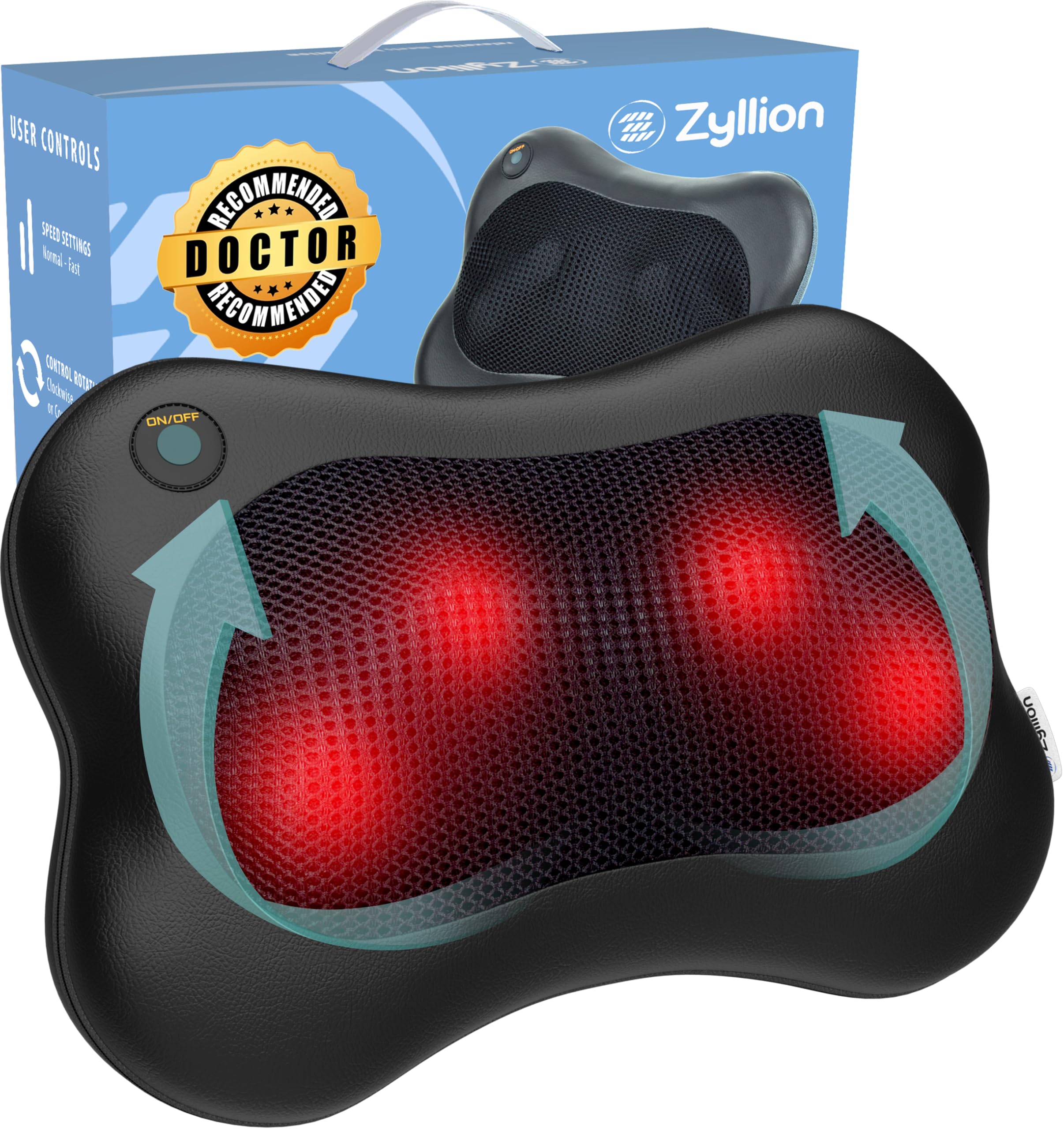 Zyllion Shiatsu Back and Neck Massager with Heat - 3D Kneading Deep Tissue Massage Pillow for Muscle Pain Relief, Sciatica, Arthritis, Plantar Fasciitis, Fibromyalgia on Shoulders, Legs, Foot (ZMA-13)