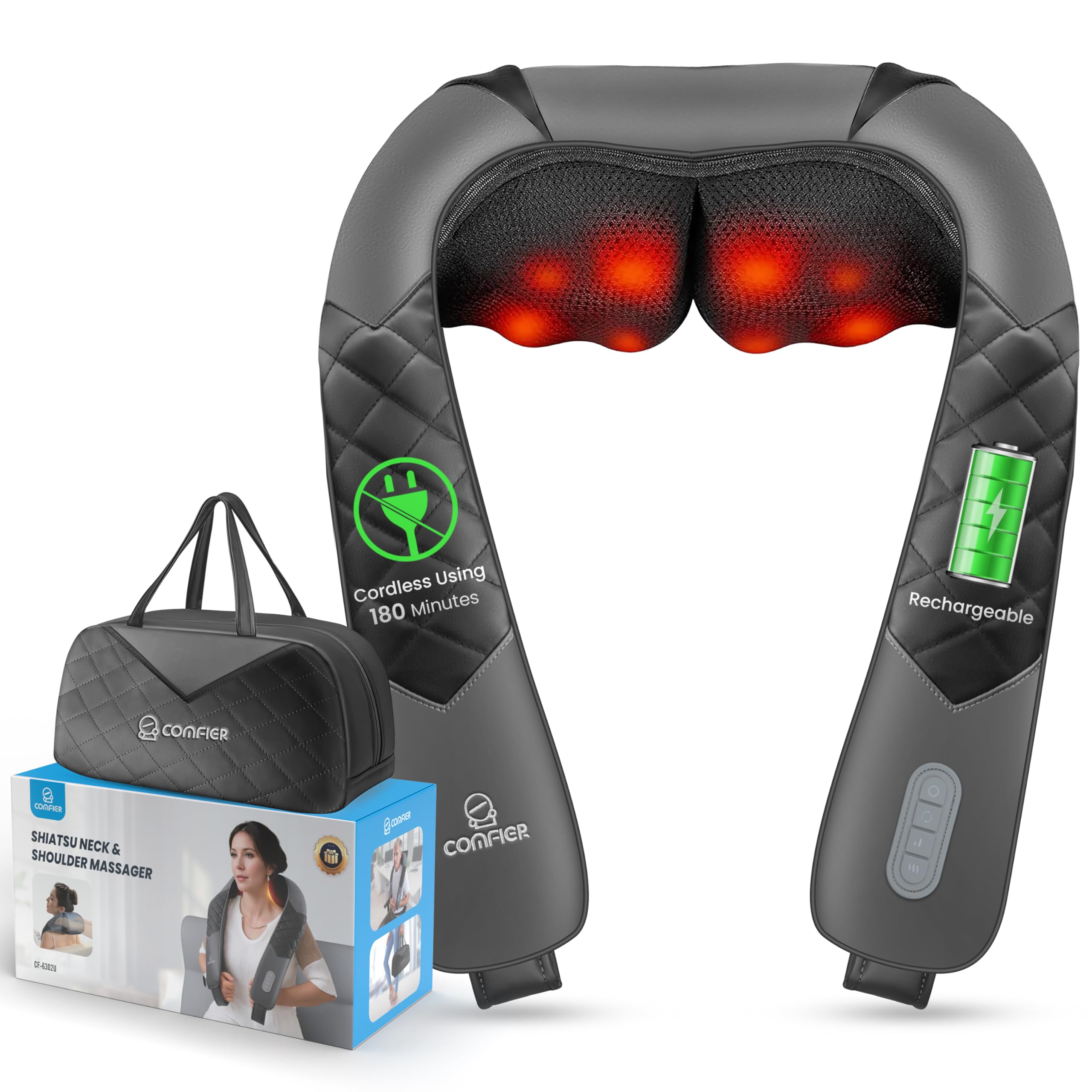 COMFIER Cordless Neck Massager with Heat, Back Massager for Pain Relief deep Tissue, 3D Shiatsu Neck Shoulder Massage Pillow with Carry Bag, Rechargeable Portable Ideal Gifts for Mom, Dad