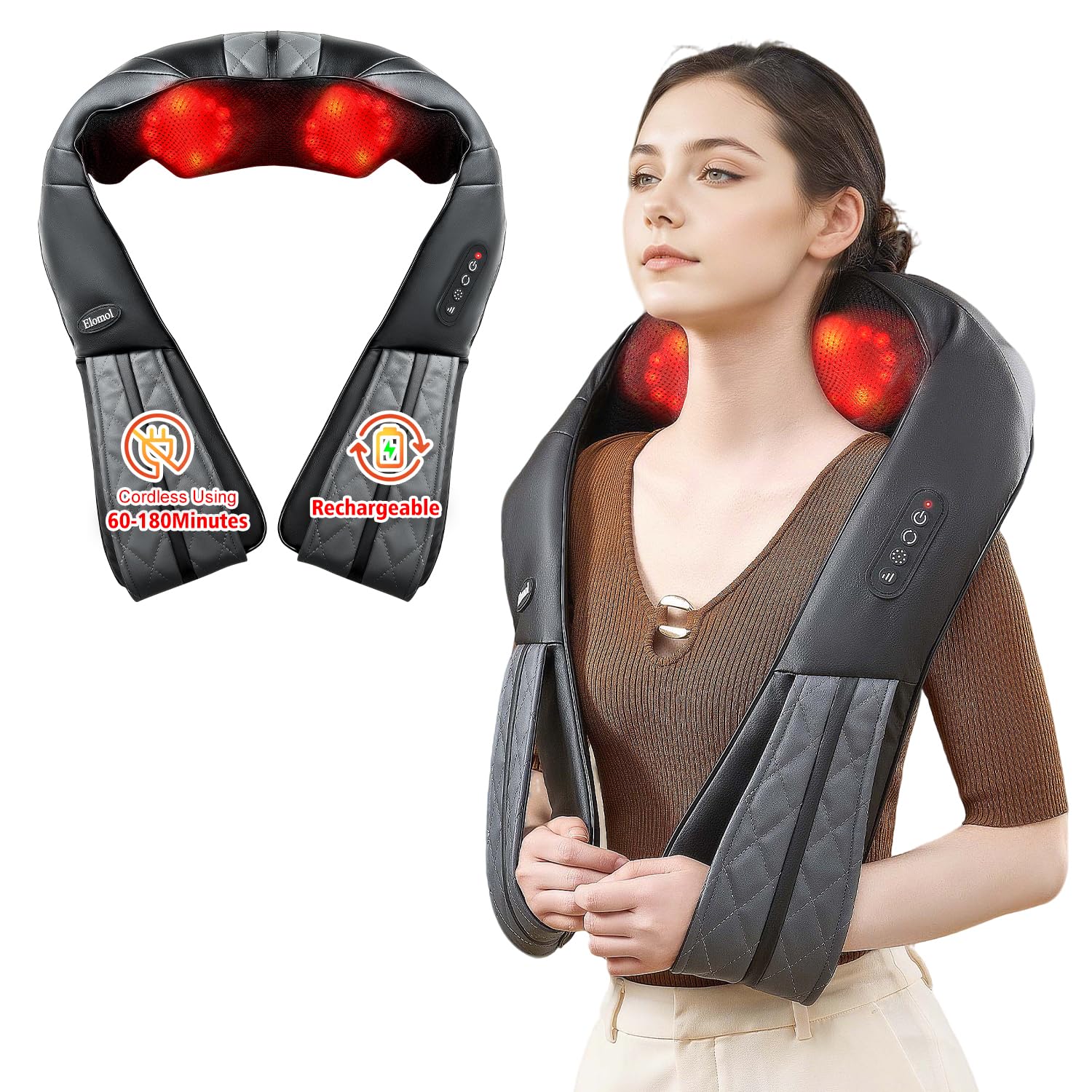 Rechargeable Neck and Back Massager with Heat, Cordless Shiatsu Shoulder Shawl Kneading Massager for Pain Relief Deep Tissue, Long-Lasting Portable Design, Gift for Mom Dad Men Women Her Him