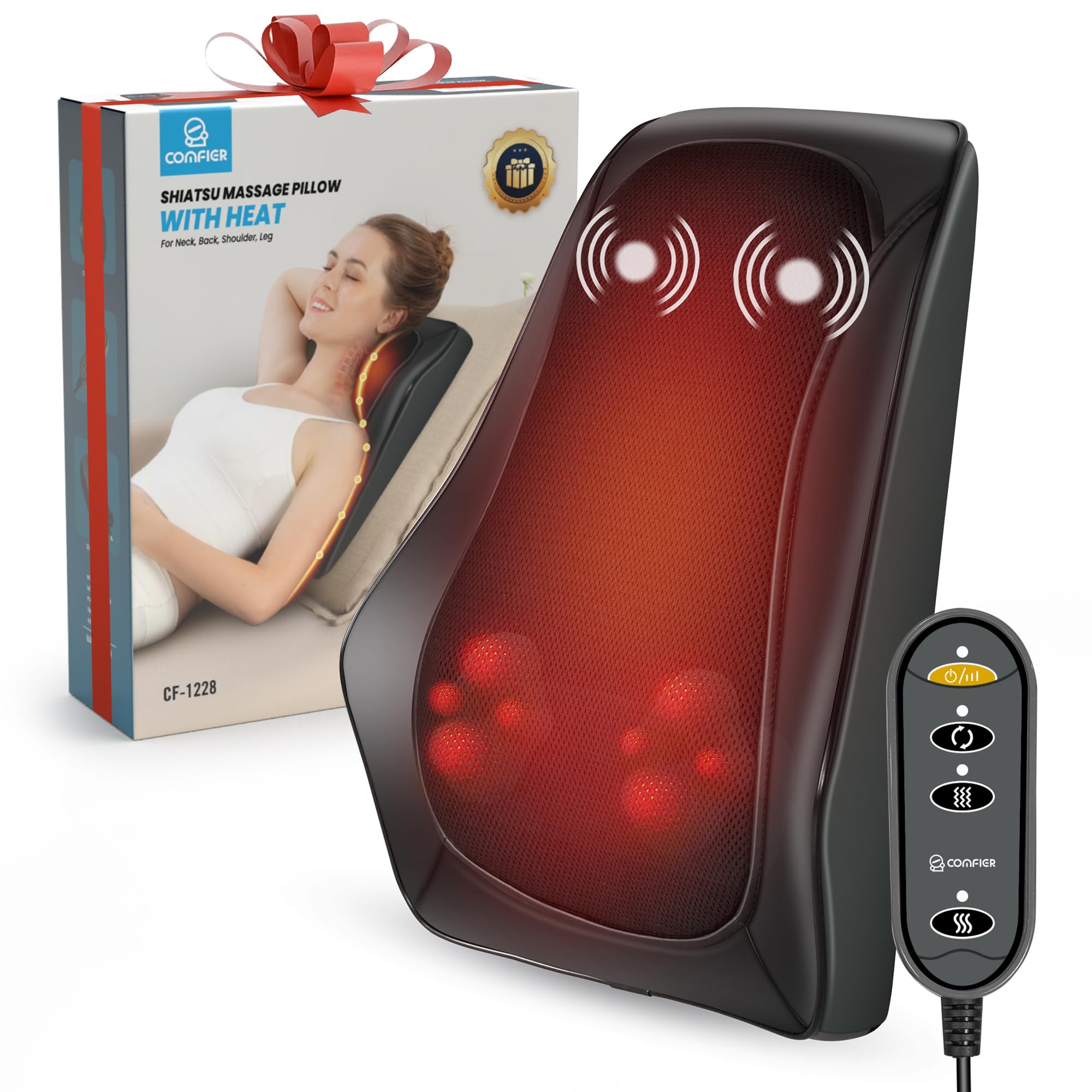 COMFIER Back Massager with Heat, Shiatsu Neck and Back Massager with Heat for Back Pain, Soothing Heating & 3D Kneading Massage Pillow Gift for Men Women