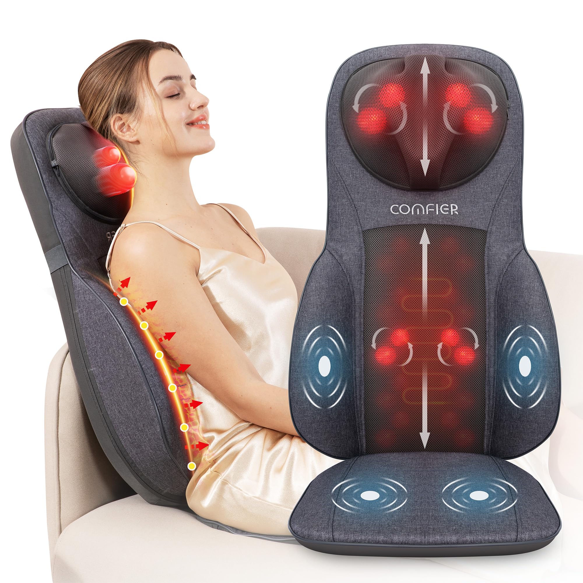 COMFIER Neck Back Massager with Heat, Height Adjustable Chair Massager Seat Cushion for Neck Shoulders, Shiatsu Massage Chair Pad for Back Support,Gifts for Dad,Mom,Gray