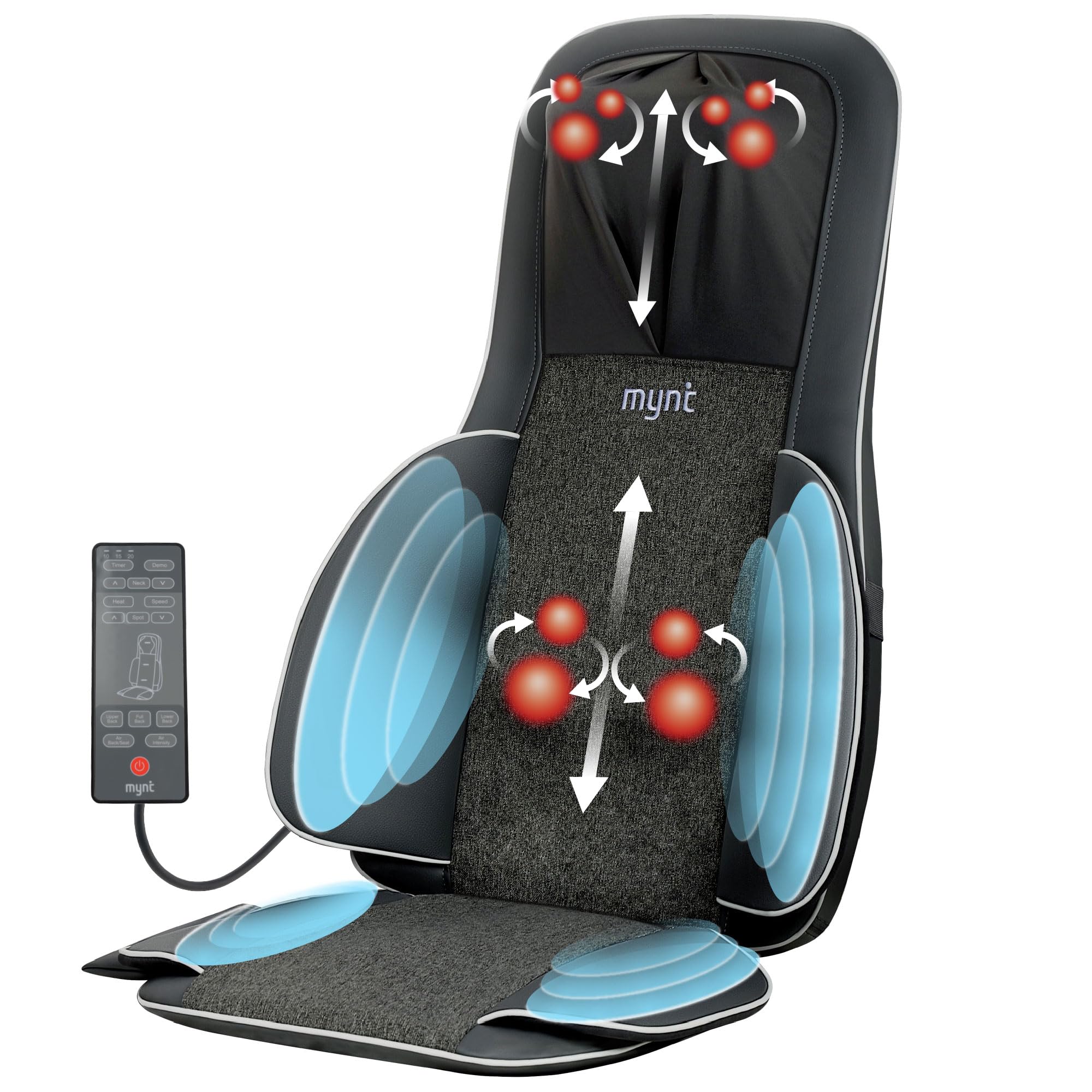 Mynt FSA HSA Eligible 3D Shiatsu Neck and Back Massager for Chair with 10 Deep Kneading Nodes, Adjustable Black Back and Neck Massager with Heat, Portable Spot Massage Chair Pad with Compression