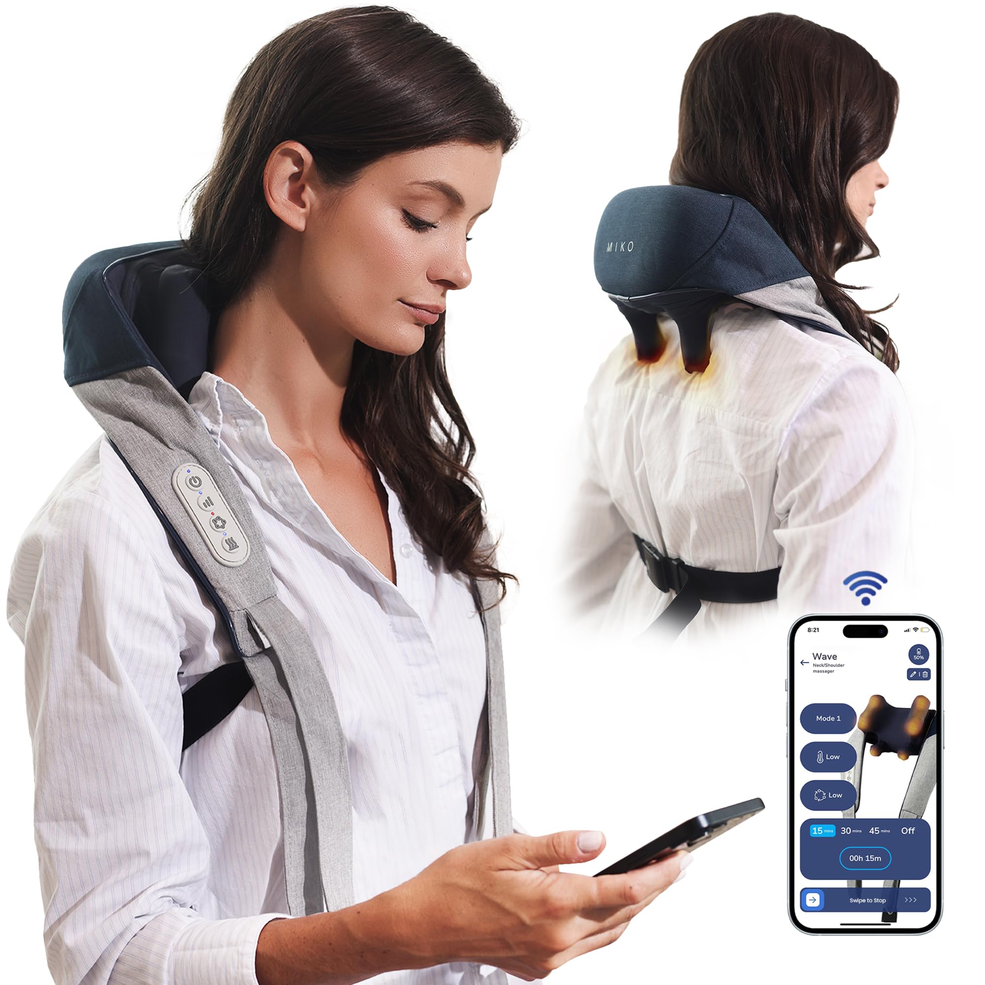 MIKO Shiatsu Neck Massager with Heat for Deep Tissue Pain Relief, Premium App-Controlled Cordless Massage, Fits Neck Size 11-15 Inches