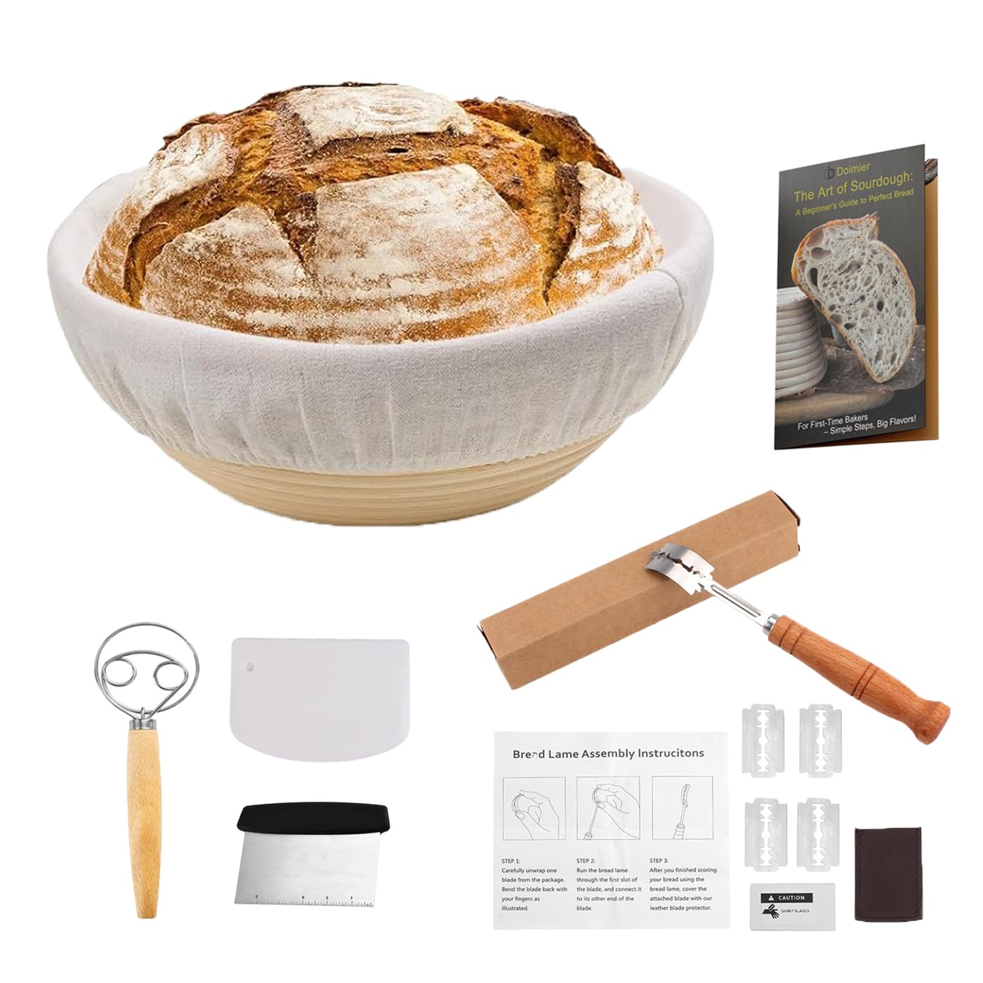 13-Piece Bread Proofing Basket with Dough Bowl & Dough Scraper & Bread Lame - 9" Round Sourdough Starter Kit Baking Supplies for Sour Dough Banneton Basket Essentials Making Tools