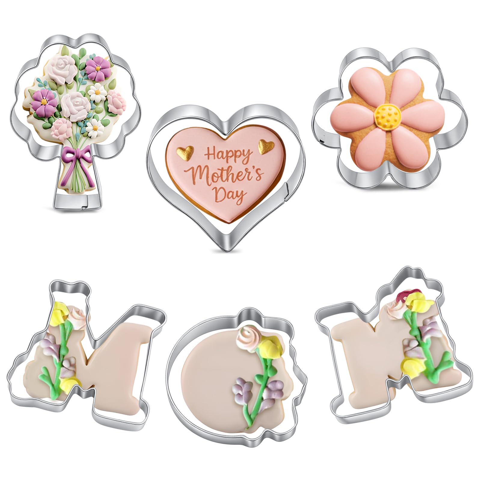 6 Pcs Mother's Day Cookie Cutters Set Stainless Steel Flower Heart Shaped Mom Letter Cookie Cutters for Mother's Day Gift Biscuit Fondant Mold Baking Tool