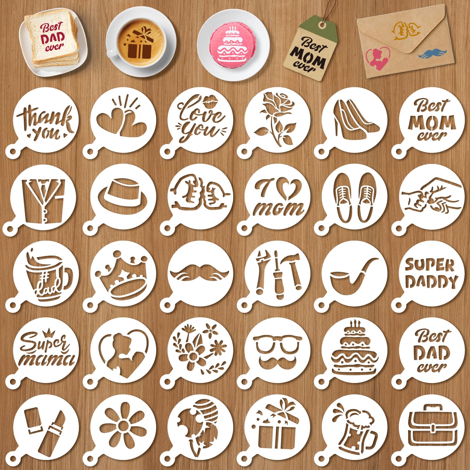 Konsait 30 Pack Mother's Day Cookie Cake Stencils Templates Decoration, Reusable Father's Day Cookie Stencils Baking Painting Mold Tools, Coffee Hot Chocolate Decorating Molds